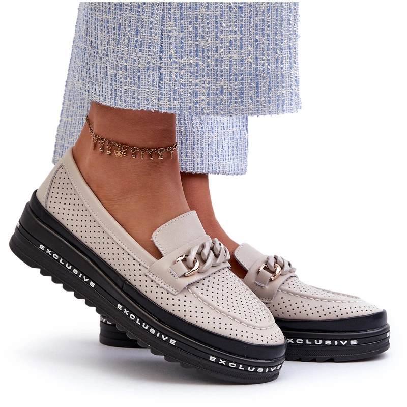 Dámské Kožené Mokasíny Na Platformě S Řetězem S.barski LR618 Béžová 41