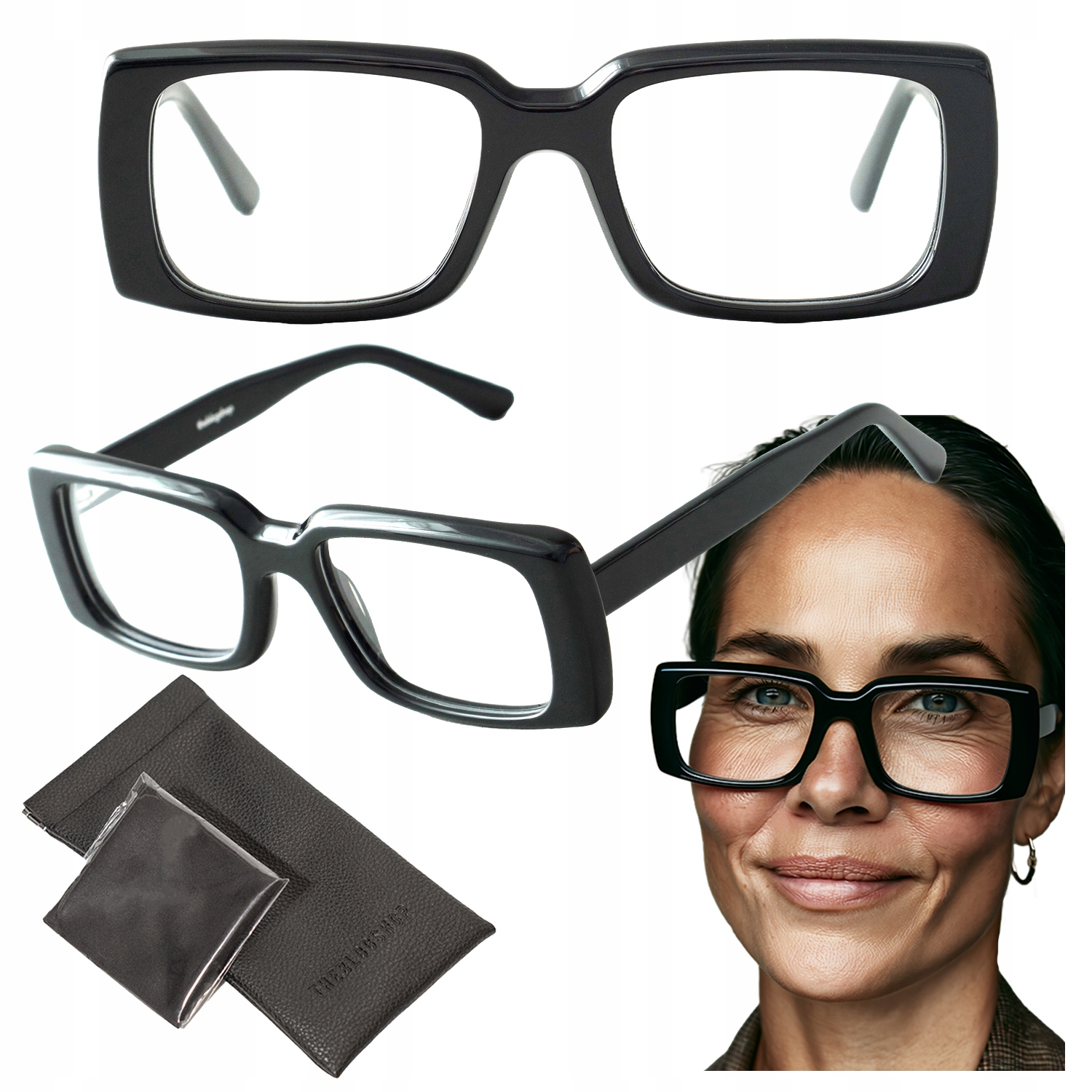 Dámské brýle Bez Dioptrií s obdélníkovými korekčními obroučkami, černé, flex Acetat