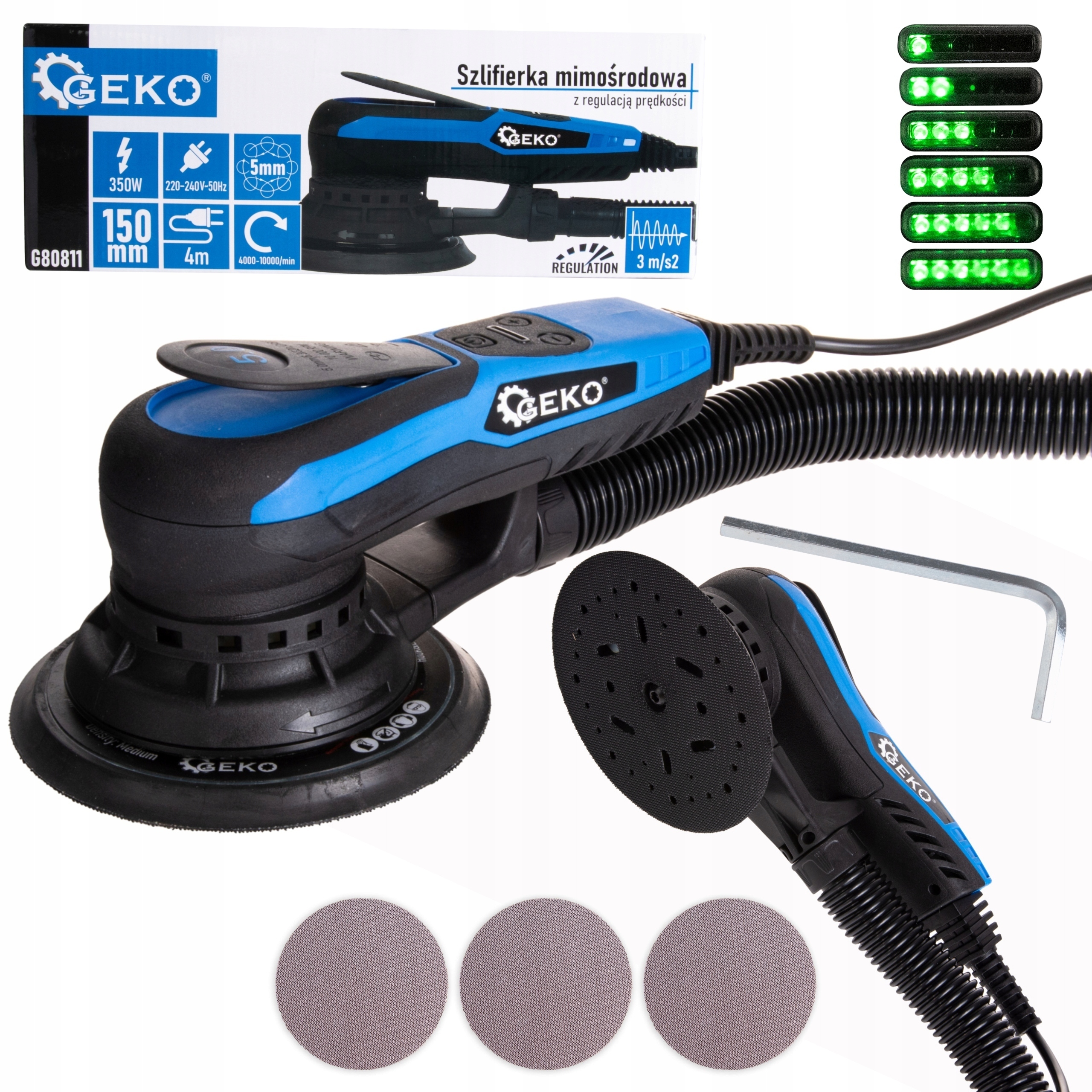 Geko Bezkartáčová Excentrická Brúska 150 mm 350 W Regulácia 4000-1000