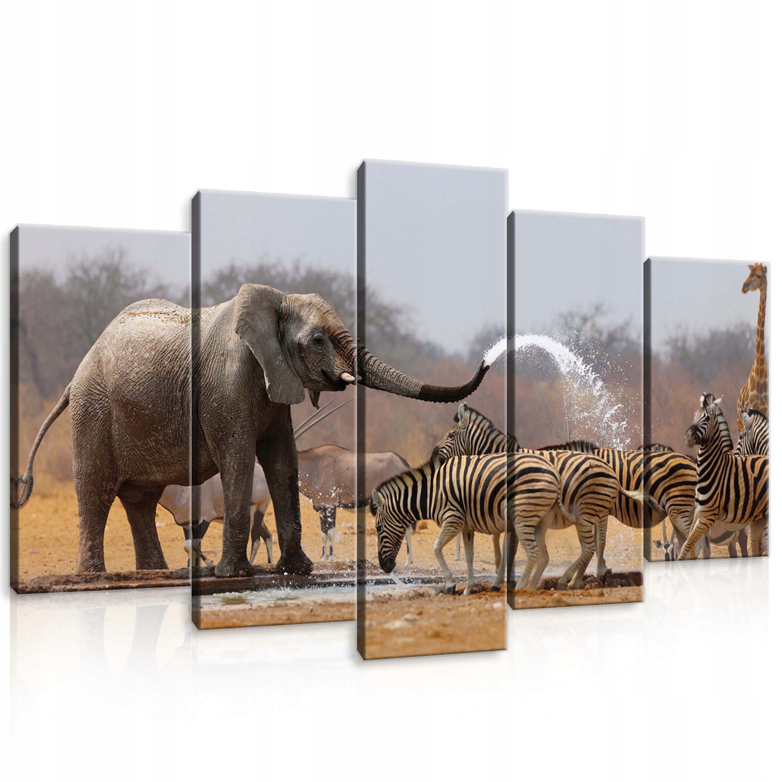 Obraz 100x60 Africká savana vodopád slon zebry žirafa harmonie příroda