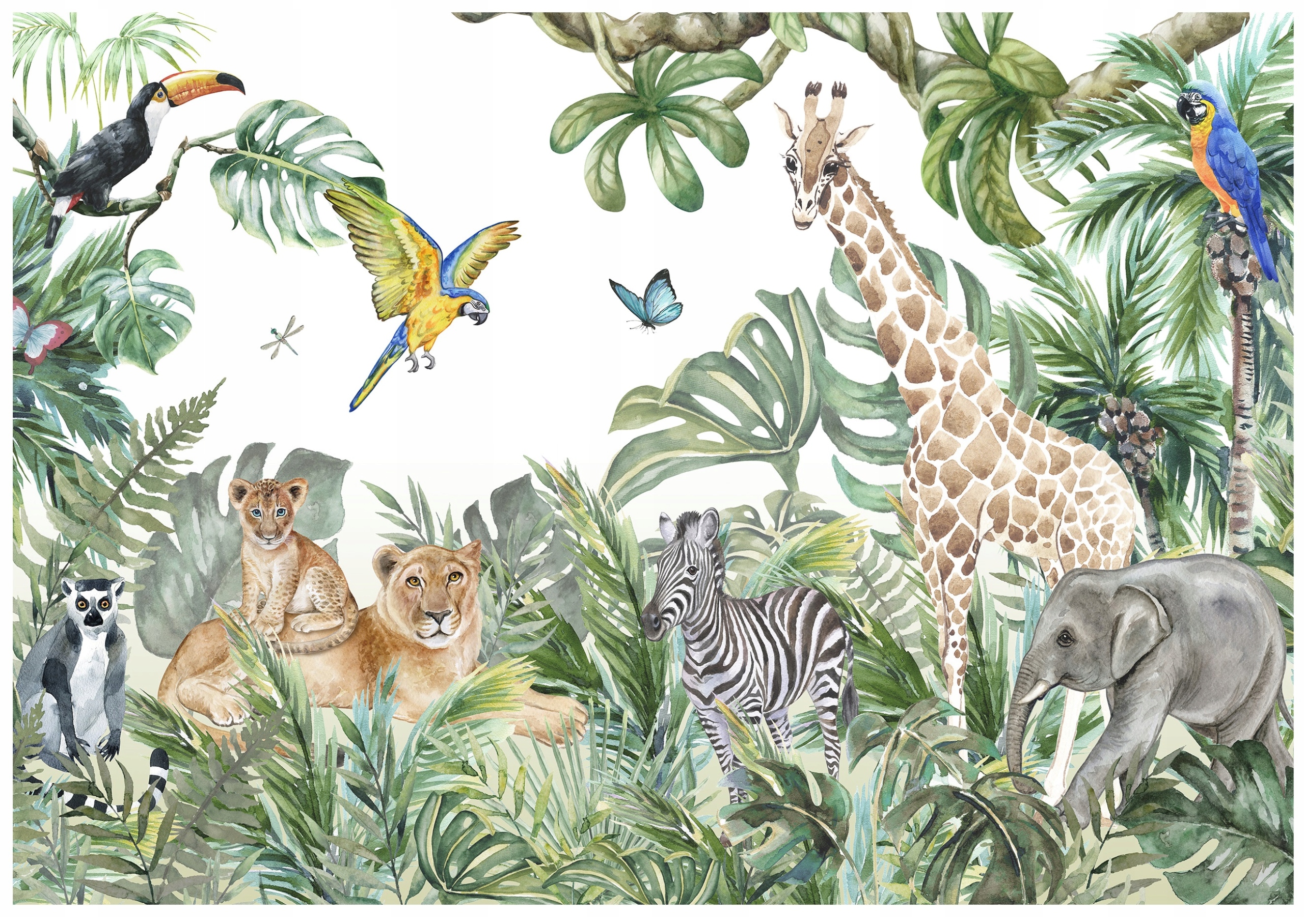 Tapeta Do Dětského Pokoje Džungle Safari Les Žirafa Slon Papoušci 300x210