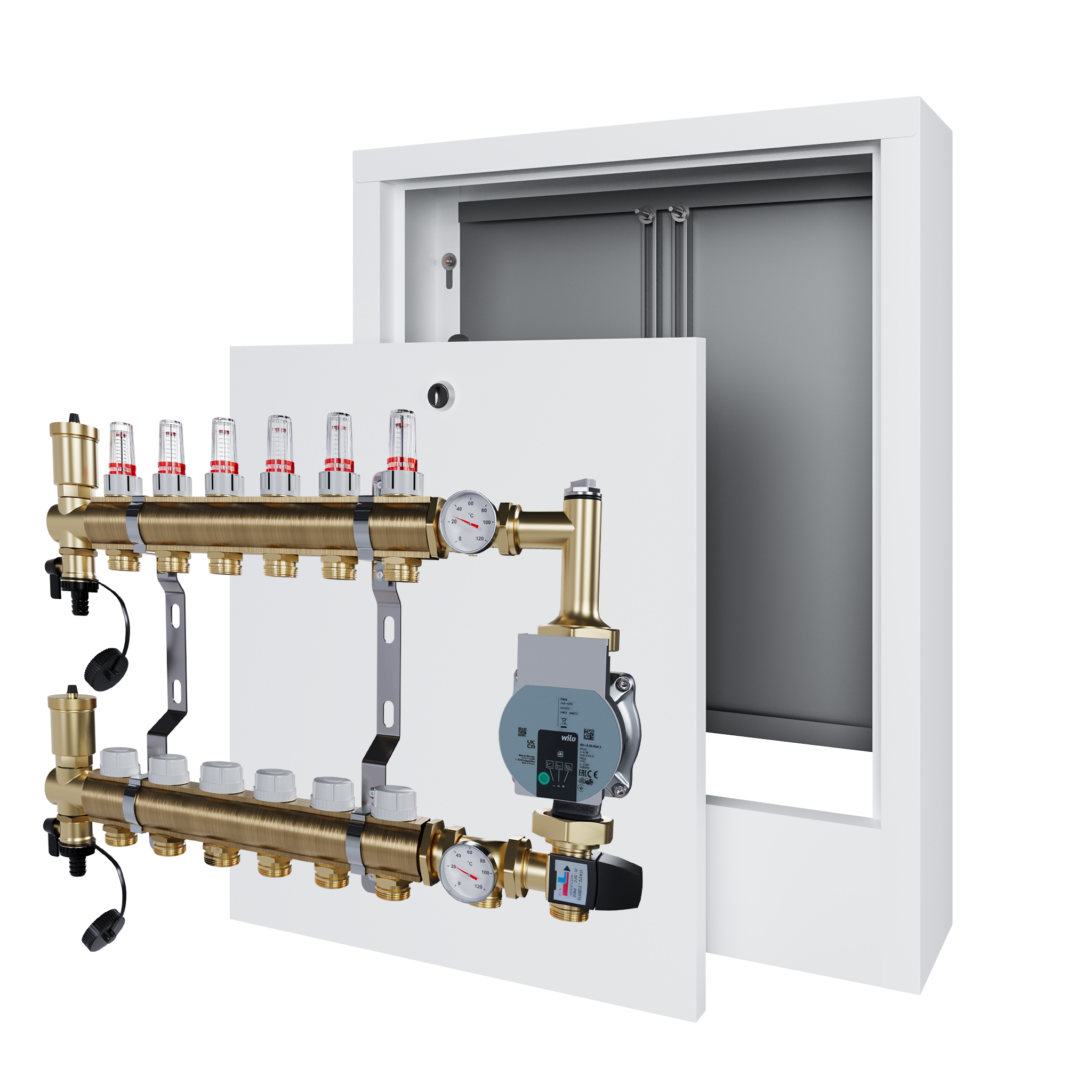 Rozdělovač pro podlahovku 6 s čerpací skupinou Wilo a nástěnným boxem
