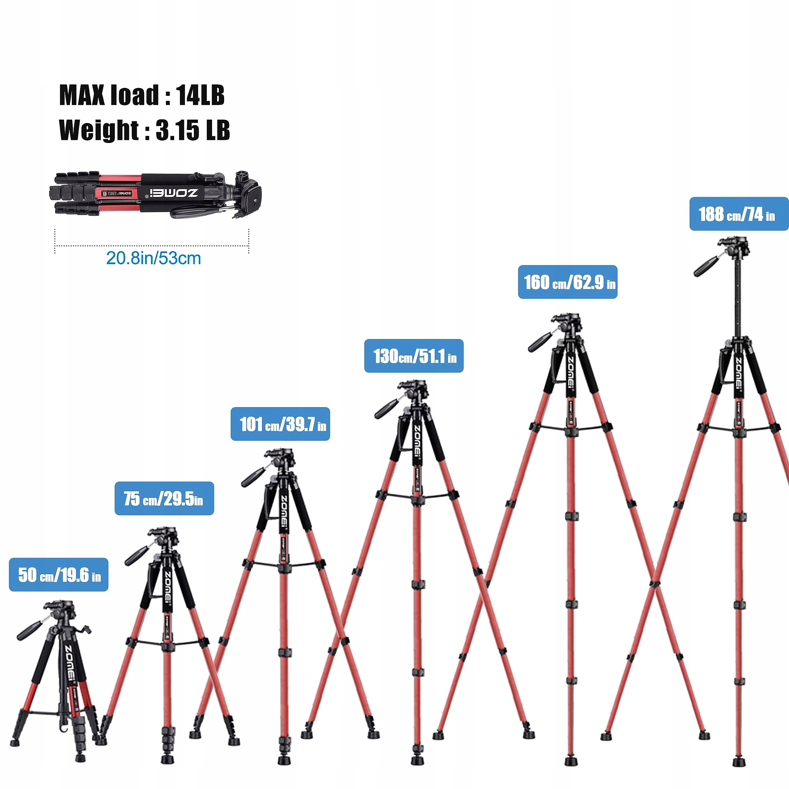 ZOMEI Profesjonalny Statyw 188cm Do DSLR Telefonów Projektorów Czerwony — miniatura 3