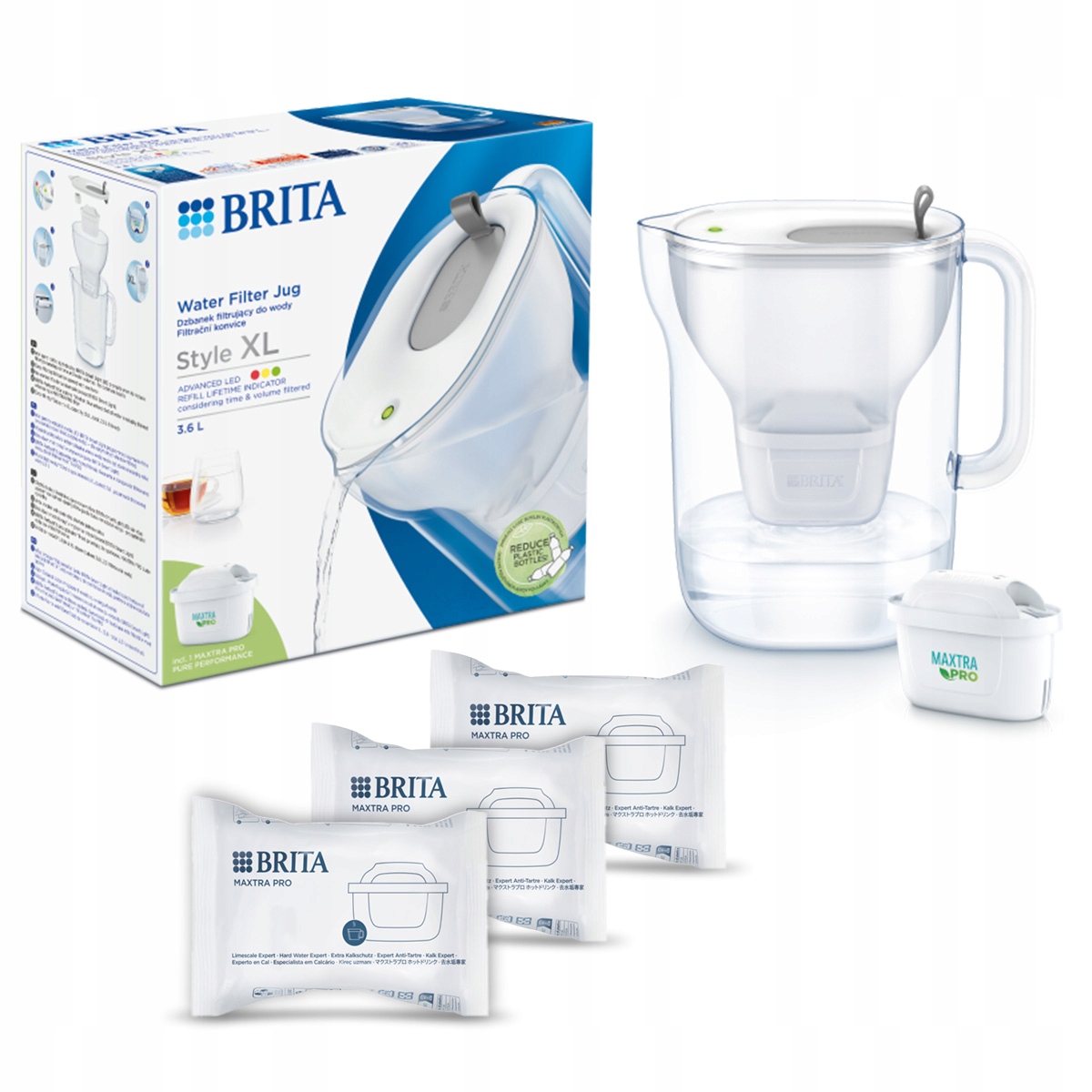 Brita Szary dzbanek Style XL z wkładem Pure Performance+3x Filtr Hard Water