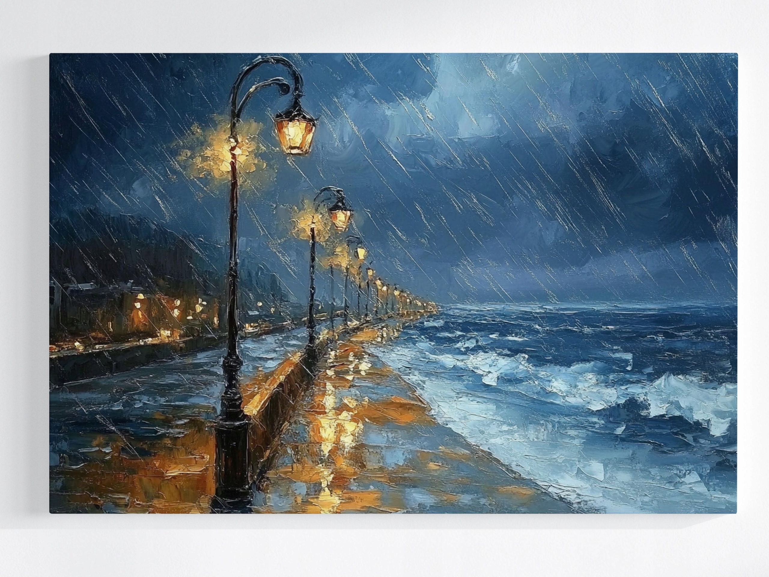 Obraz Na Plátně Canvas Moře Pláž Promenáda Déšť Bouře Vlny Noc 120x80