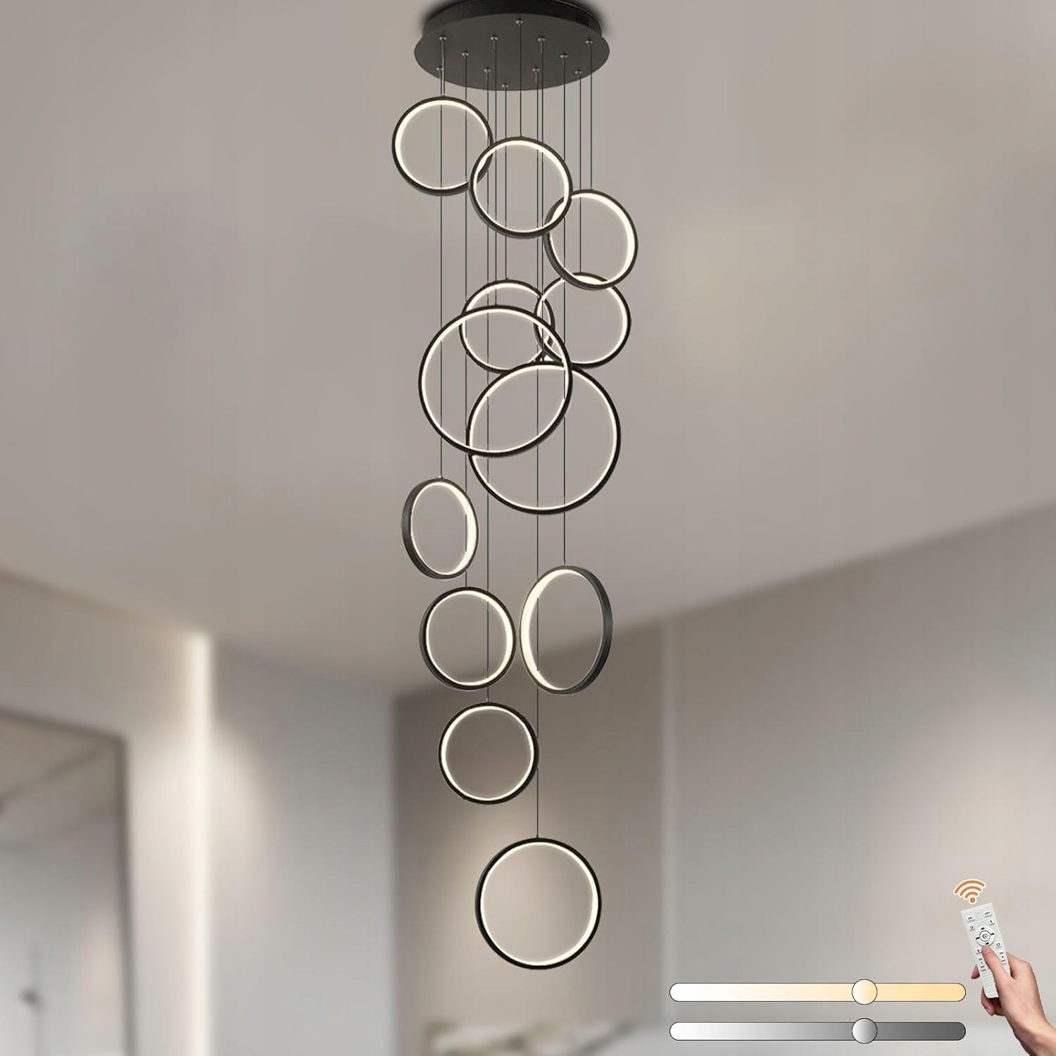 Led luster 3000K-6000K vysoký strop s 12 čiernymi krúžkami Diaľkový Ovládač