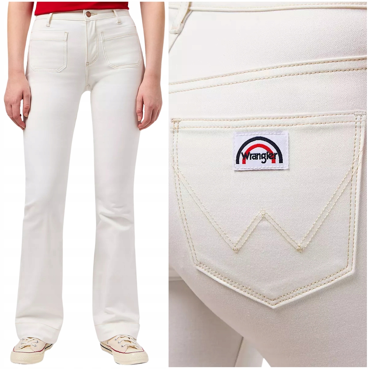 Wrangler Flare bílé dámské látkové bavlněné zvonové kalhoty W29 L32