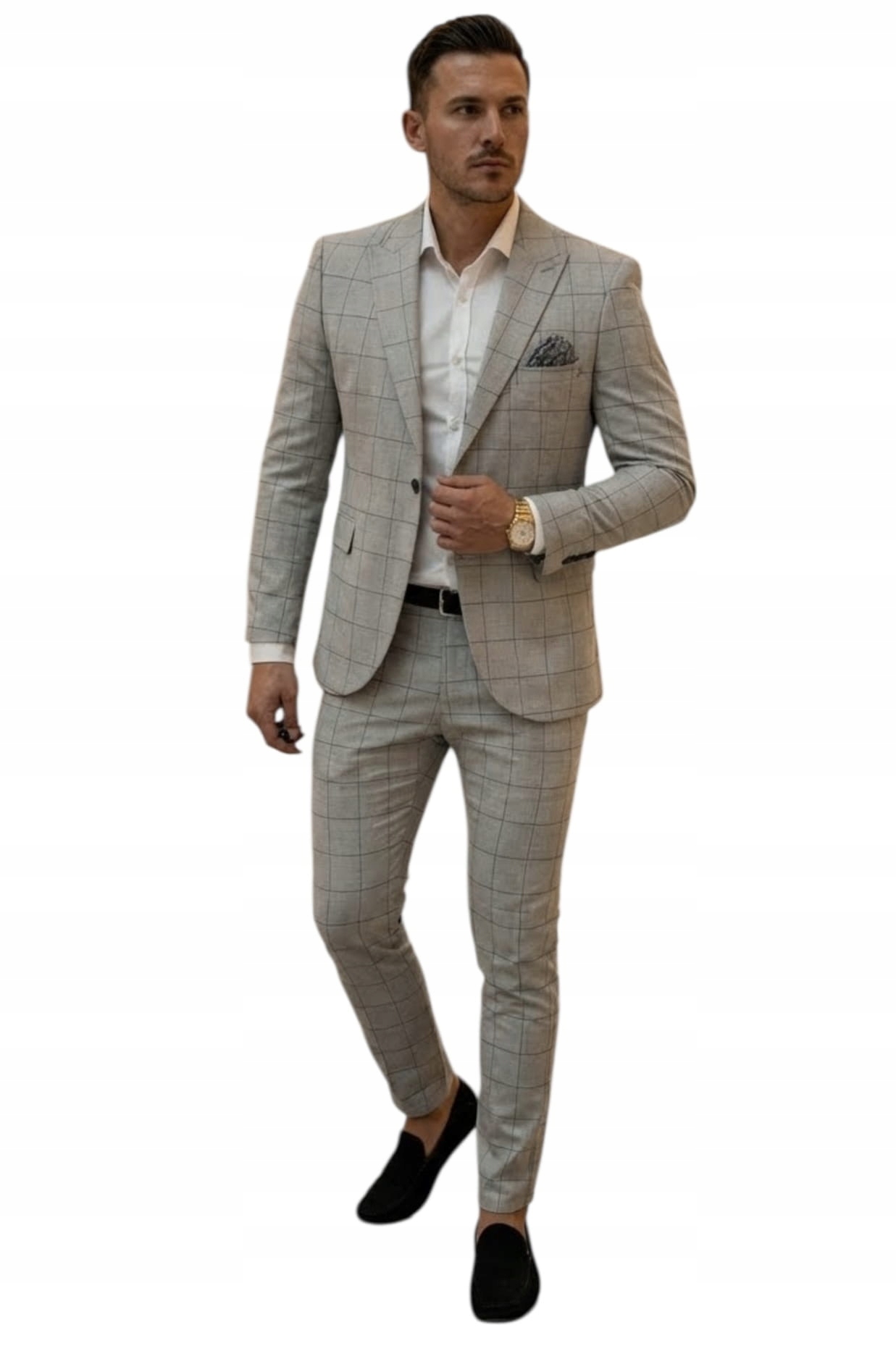 Pánský oblek Slim Fit Elegantní Sako kalhoty komplet šedý kostkovaný