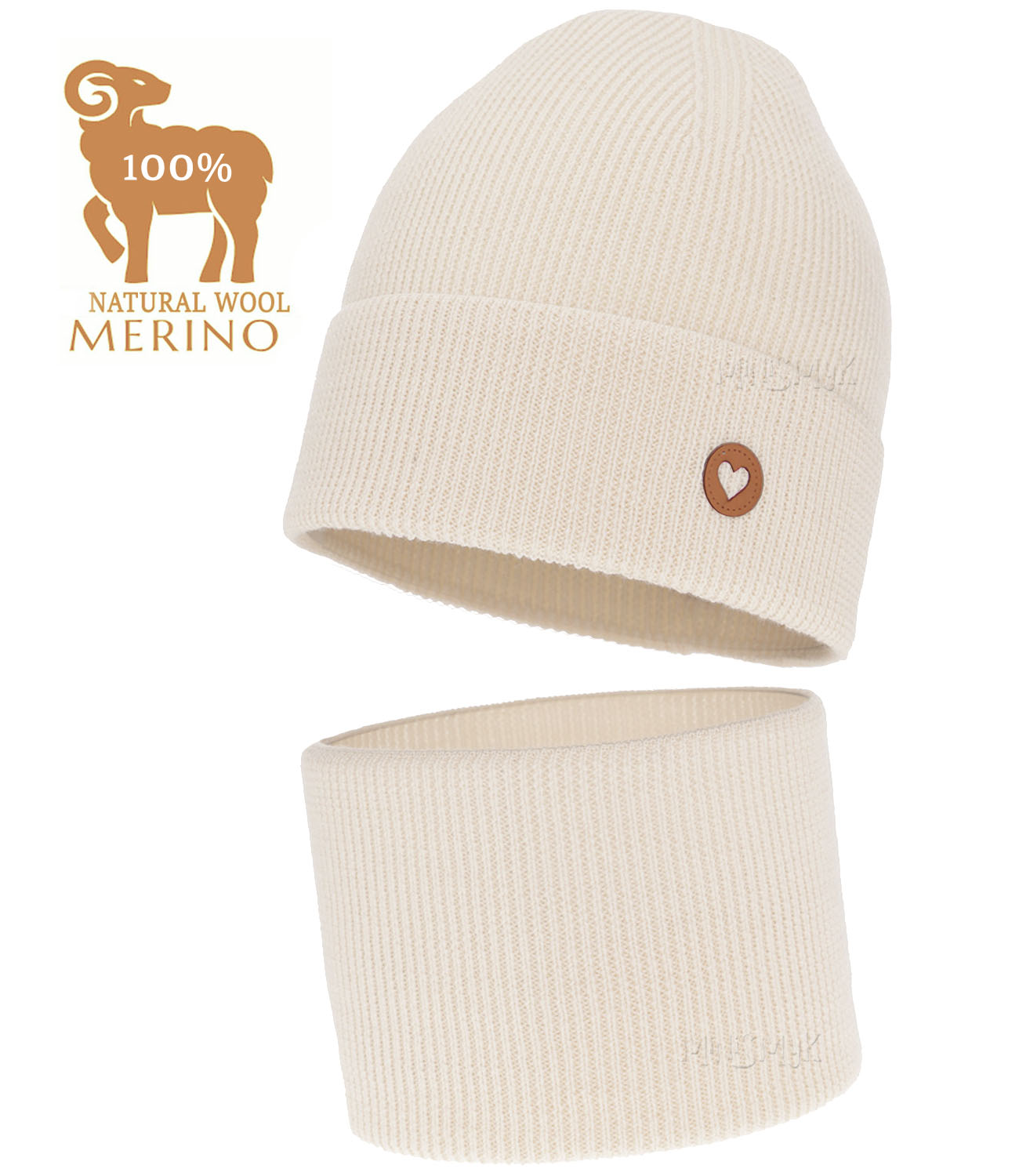 Ecru Kremowy Komplet Wełna Merino Czapka Komin jesień wiosna Prążek r 48-50