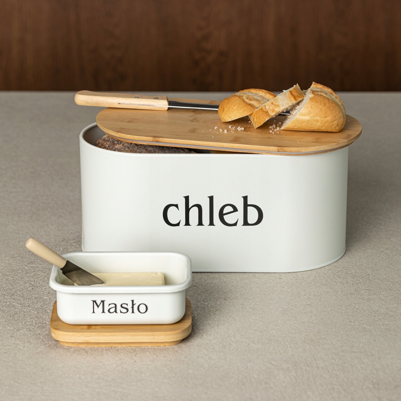 Zestaw CHLEBAK Z DESKĄ DO KROJENIA I MASELNICZKA Z NOŻEM + nóż do chleba Stan opakowania oryginalne