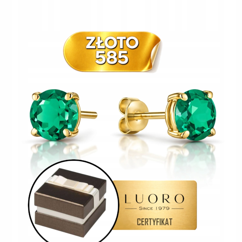 Náušnice Zlaté 585 14K Zelený Křemen Kolečko 6 MM Elegantní Tyčinka