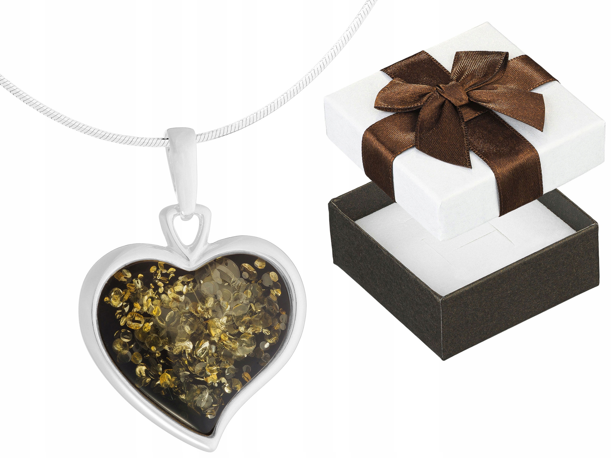 Krátký stříbrný dámský náhrdelník s velkým srdcem a zeleným jantarem Choker 40