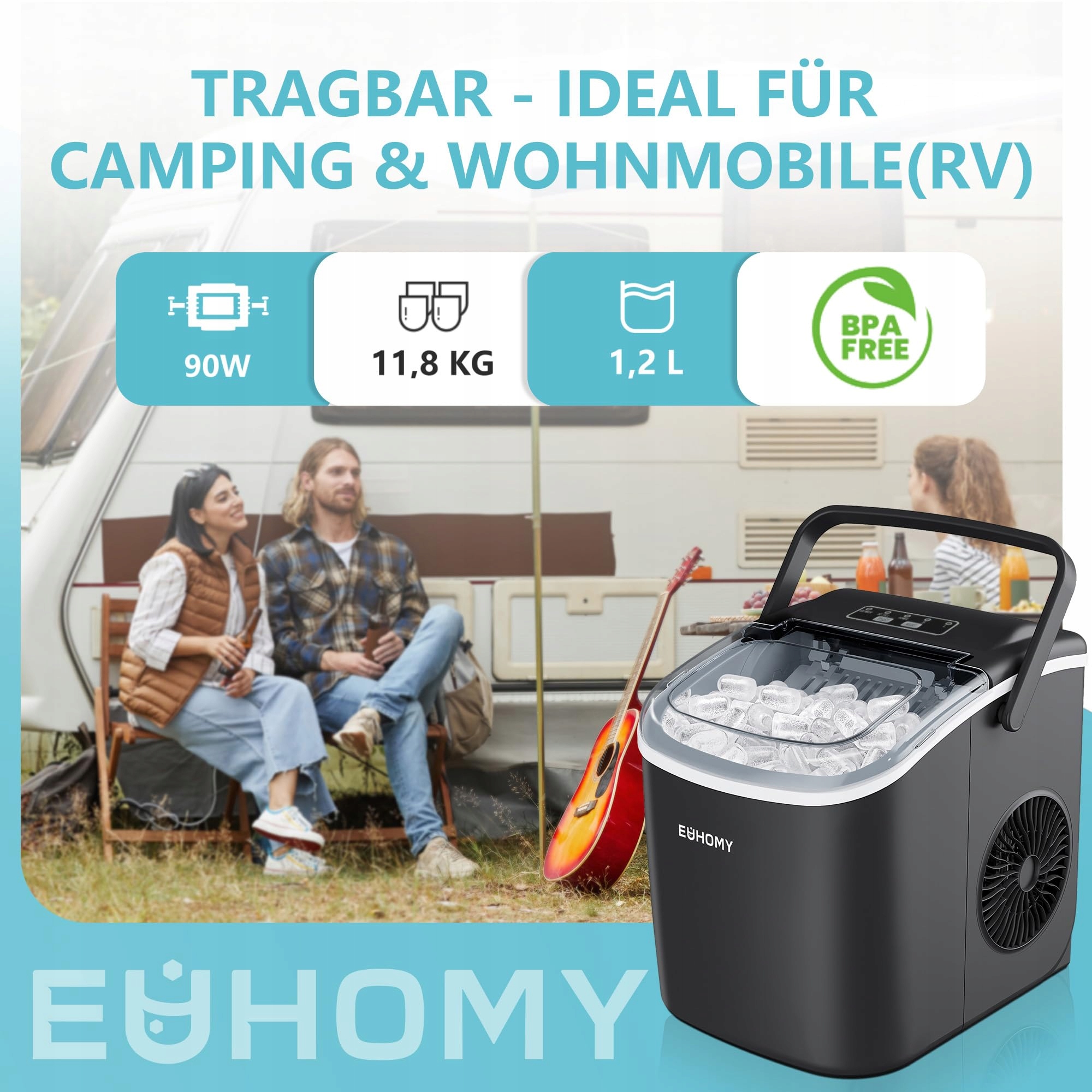 EUHOMY Maszyna Do Kostek Lodu 12KG Kompaktowa Samoczyszcząca Czarna — miniatura 3