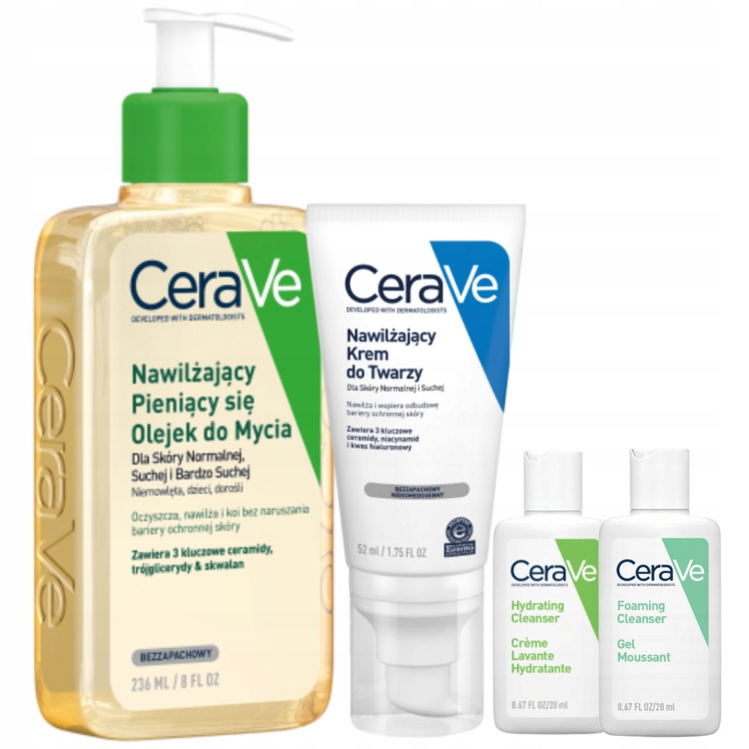 CeraVe Zestaw Olejek Nawilżający Pieniący Się 236ml, Krem do Twarzy 52ml