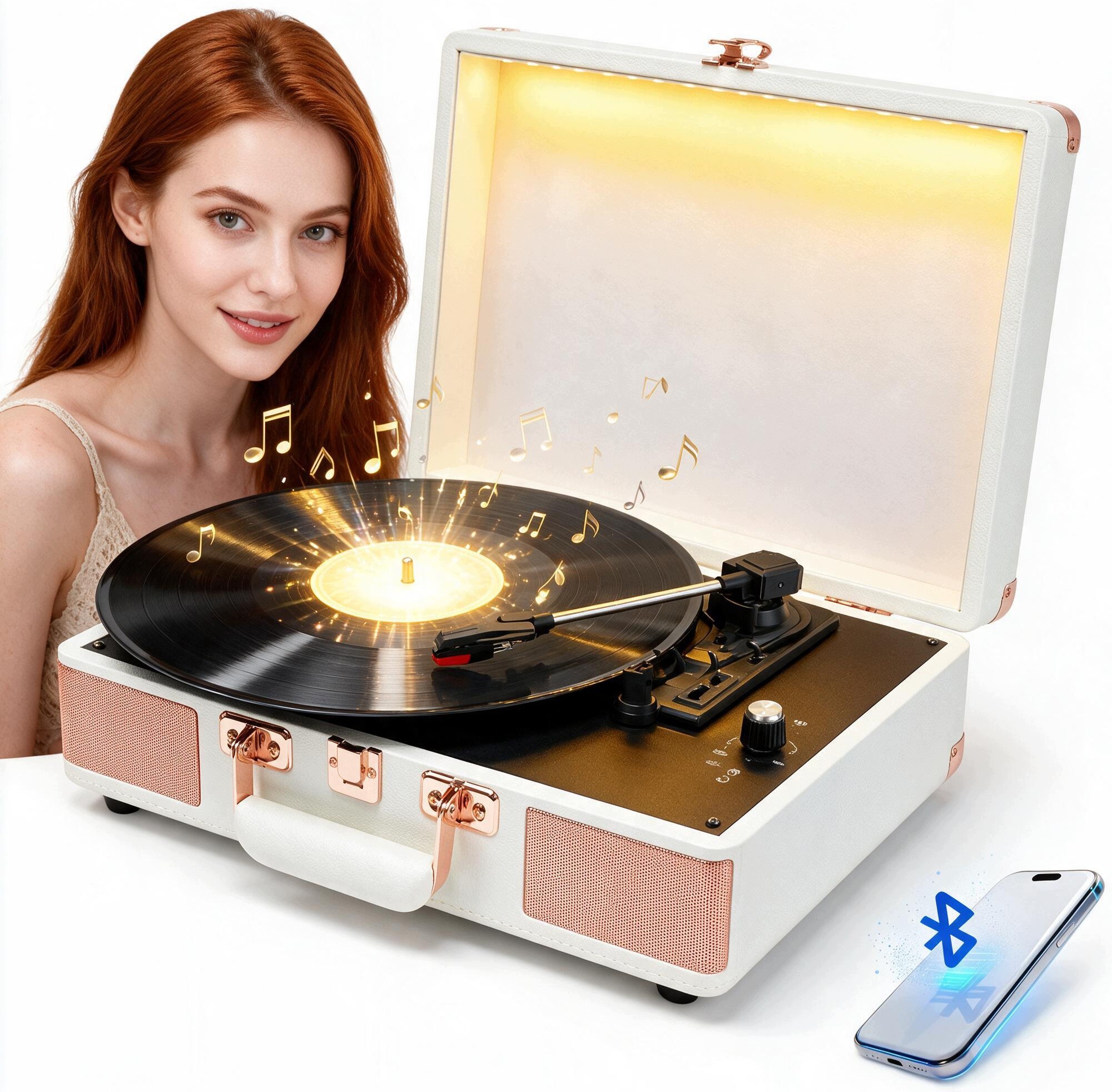 Retro Bluetooth Led MP3 Gramofon S 3-RYCHLOSTNÍMI Reproduktory 33/45/78 Ot/min