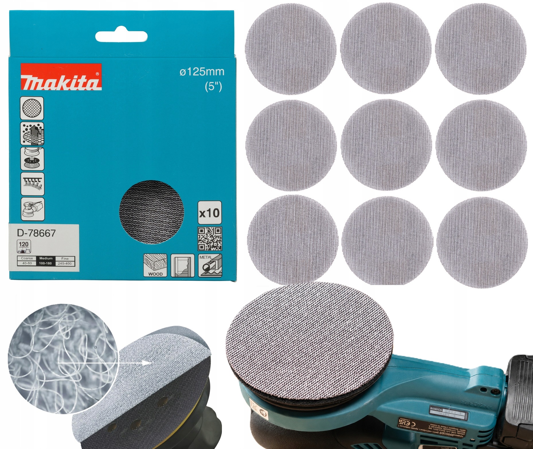 Makita D-78667 Siatka szlifująca na rzep okrągła 125mm Tarcza A120 10szt
