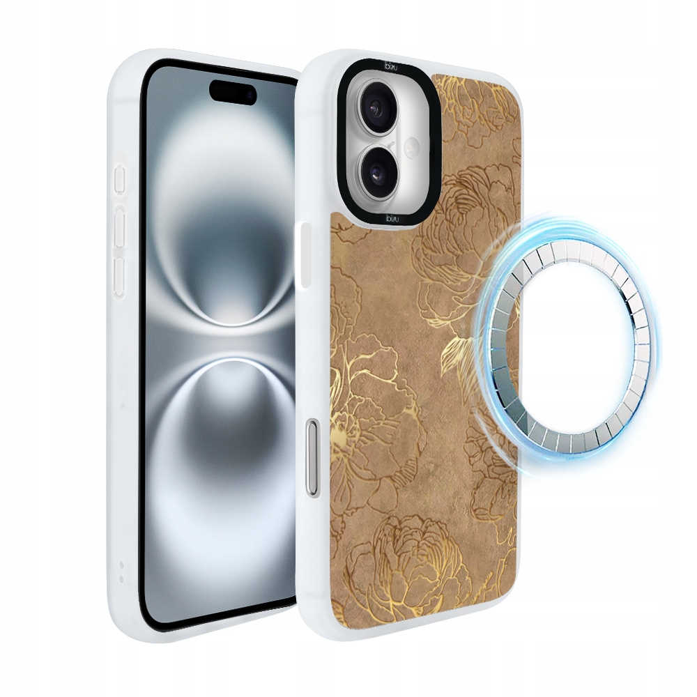 Pouzdro pro iPhone 16 Ibizu DropGuard Matt s MagSafe, zlaté pivoňky, bílé