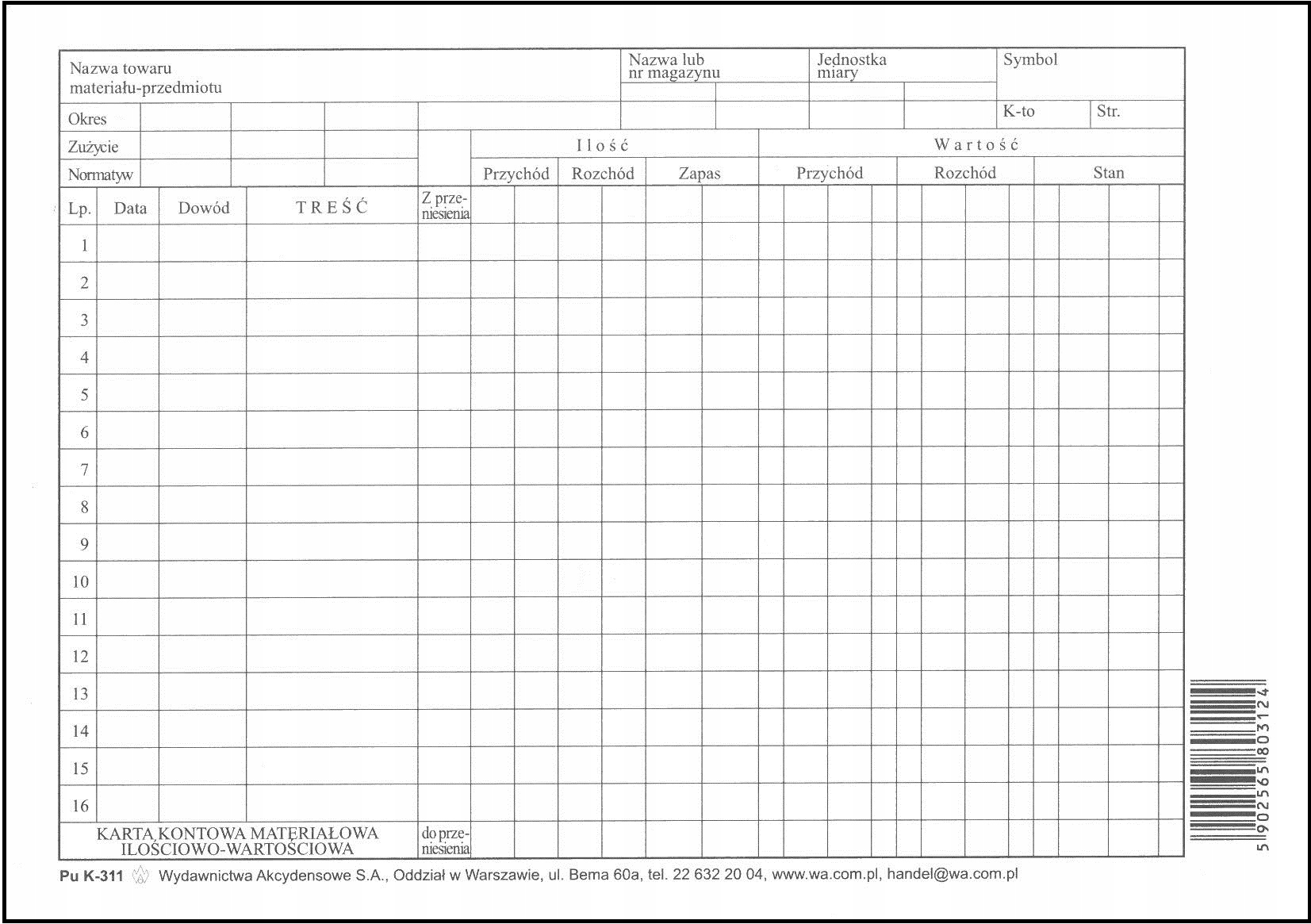 

Karta Kontowa Materiałowa Ilośc./wart. 100 Szt