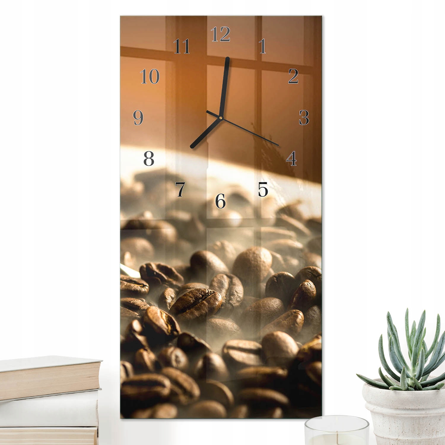 Designové vertikální hodiny 30x60 cm do interiéru ze skla s motivem kávových zrn