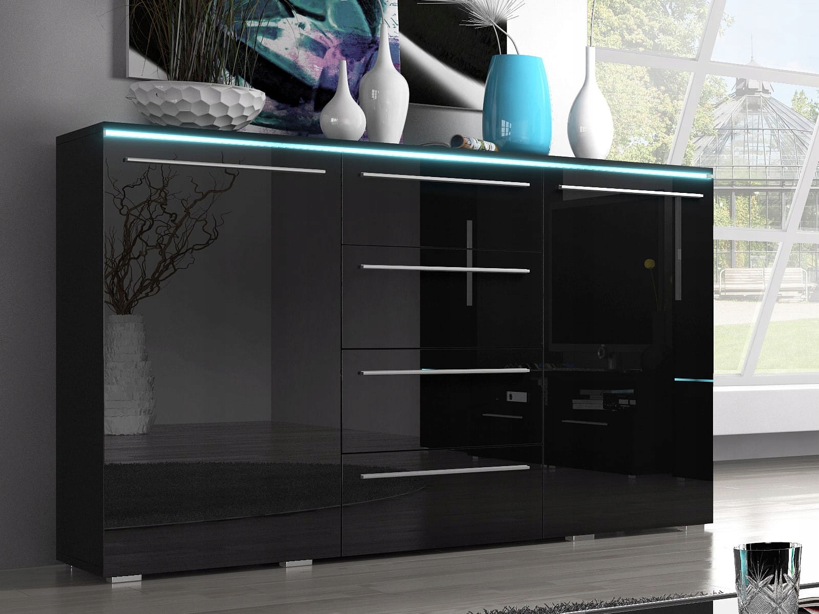 Komoda w Białym Połysku 4 szuflady Salon Sypialnia Szerokość mebla 132 cm