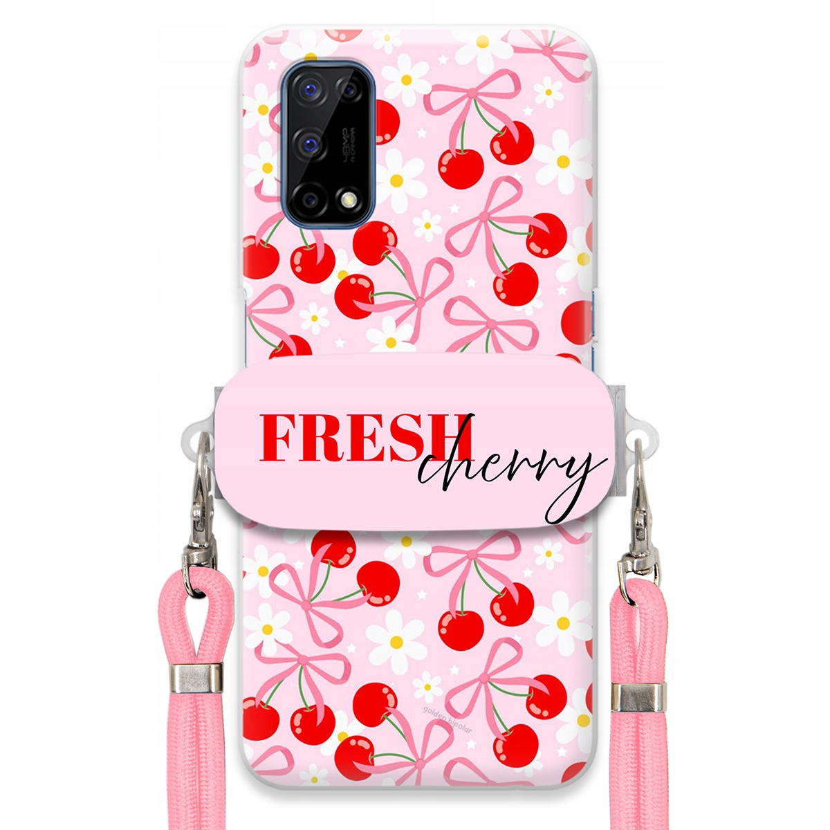 Pouzdro pro Realme 7 5G Case Držák Šňůrka Růžová Cherry Třešničky Mašličky