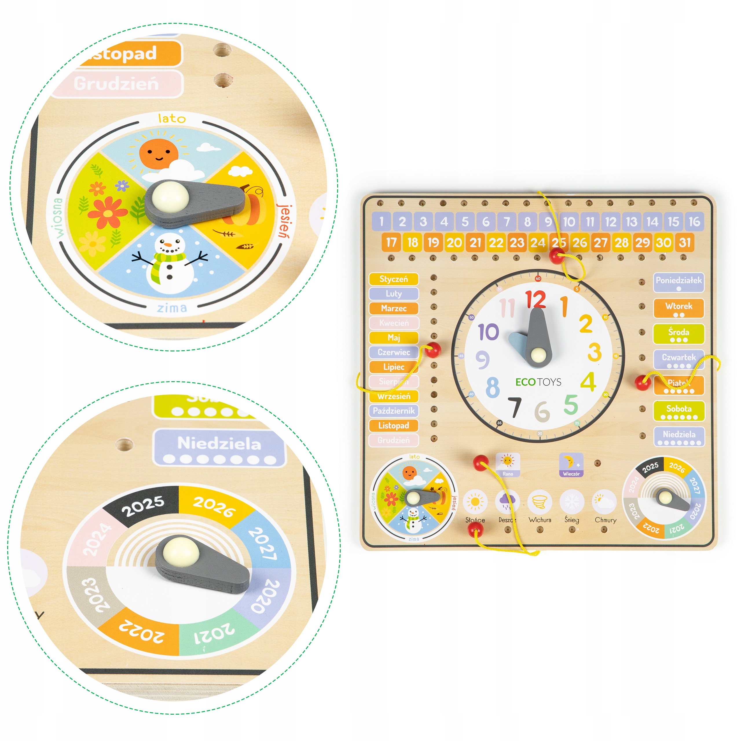 KALENDARZ DREWNIANY ZEGAR TABLICA MANIPULACYJNA Marka Ecotoys