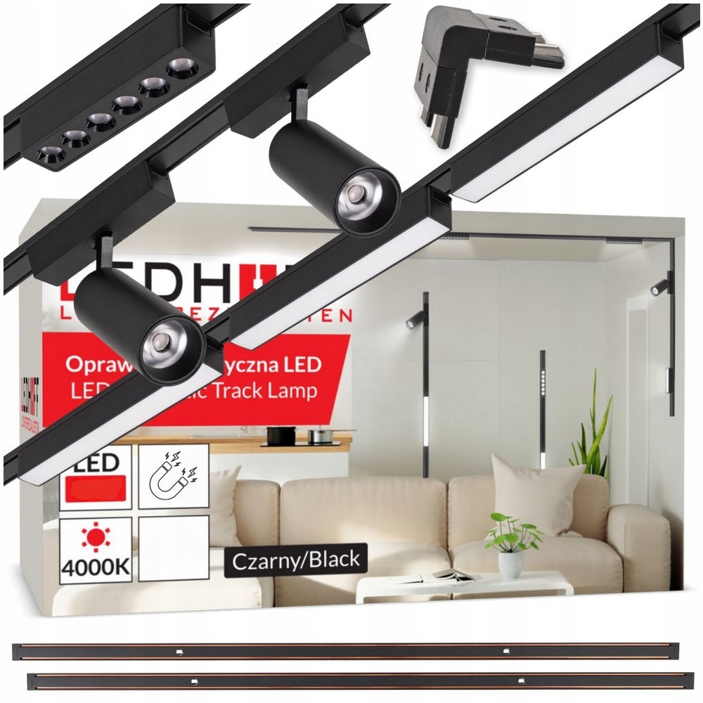 Magnetické koľajnicové osvetlenie 2x Koľajnica 1m 6x Led lampa Vertikálny konektor