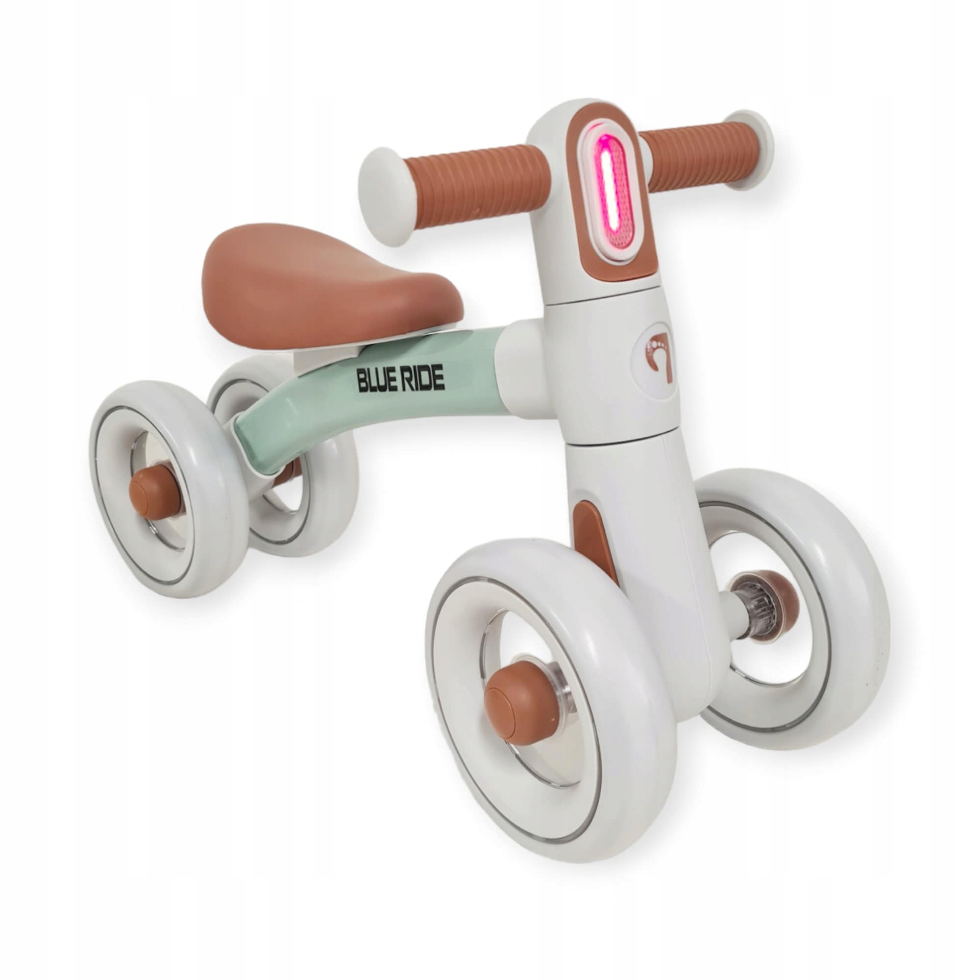 Rowerek biegowy na roczek Ari jeździk lampka szary zielony brązowe siodełko