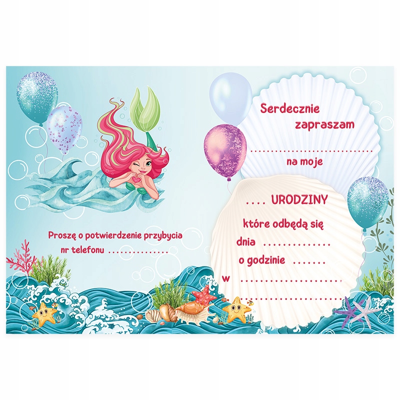 Zaproszenia dla Dzieci Syrenka Urodzinowe na Urodziny plus koperta WB_42 Marka Szalony Kot