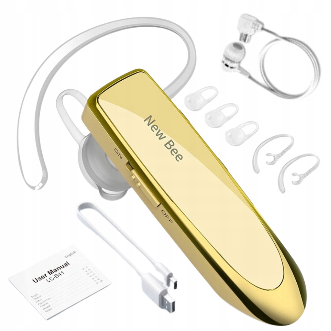 BEZPRZEWODOWA SŁUCHAWKA BLUETOOTH 5.0 NEW BEE LCB41 ZŁOTA + AKCESORIA