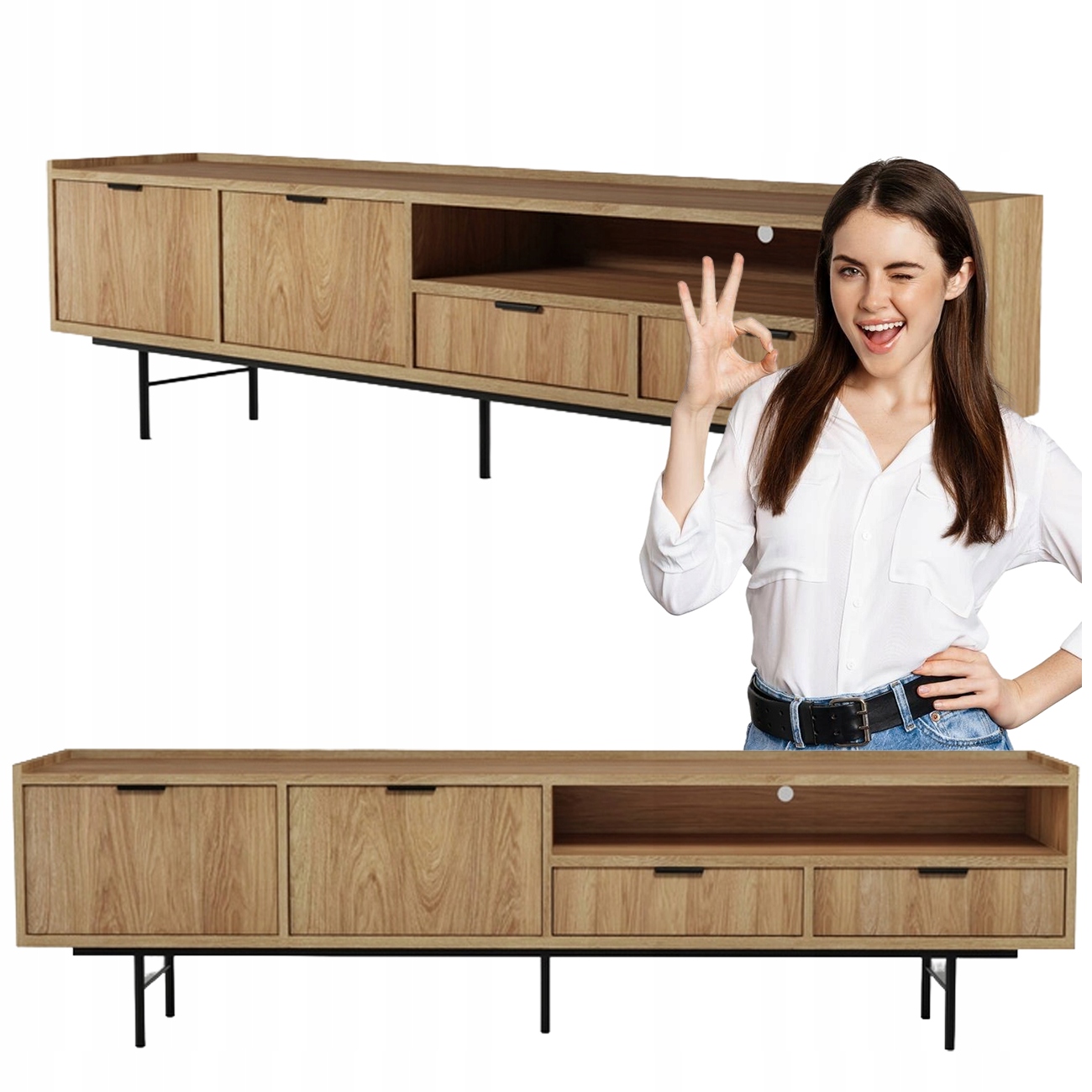 Szafka Rtv 200 CM Komoda Szafka Pod Tv Drewniana Do Salonu Duża Dąb Hikora