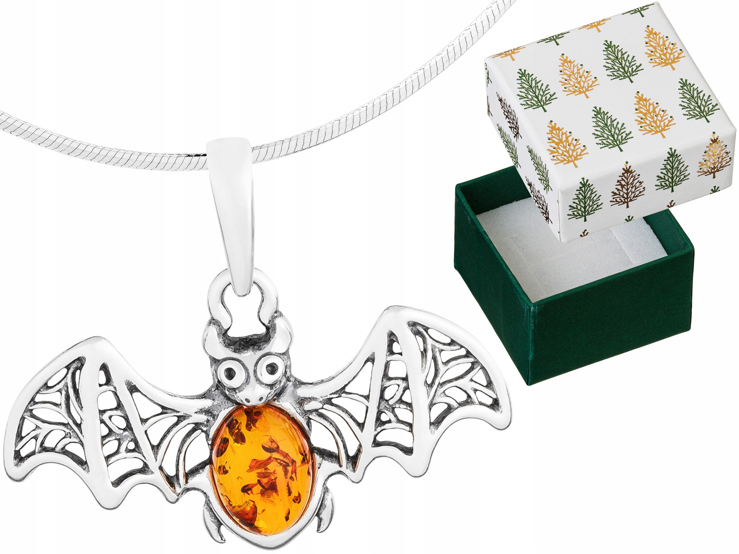 Ažurový netopýr s jantarem Stříbrný náhrdelník Oxidovaný Řetízek 50 cm