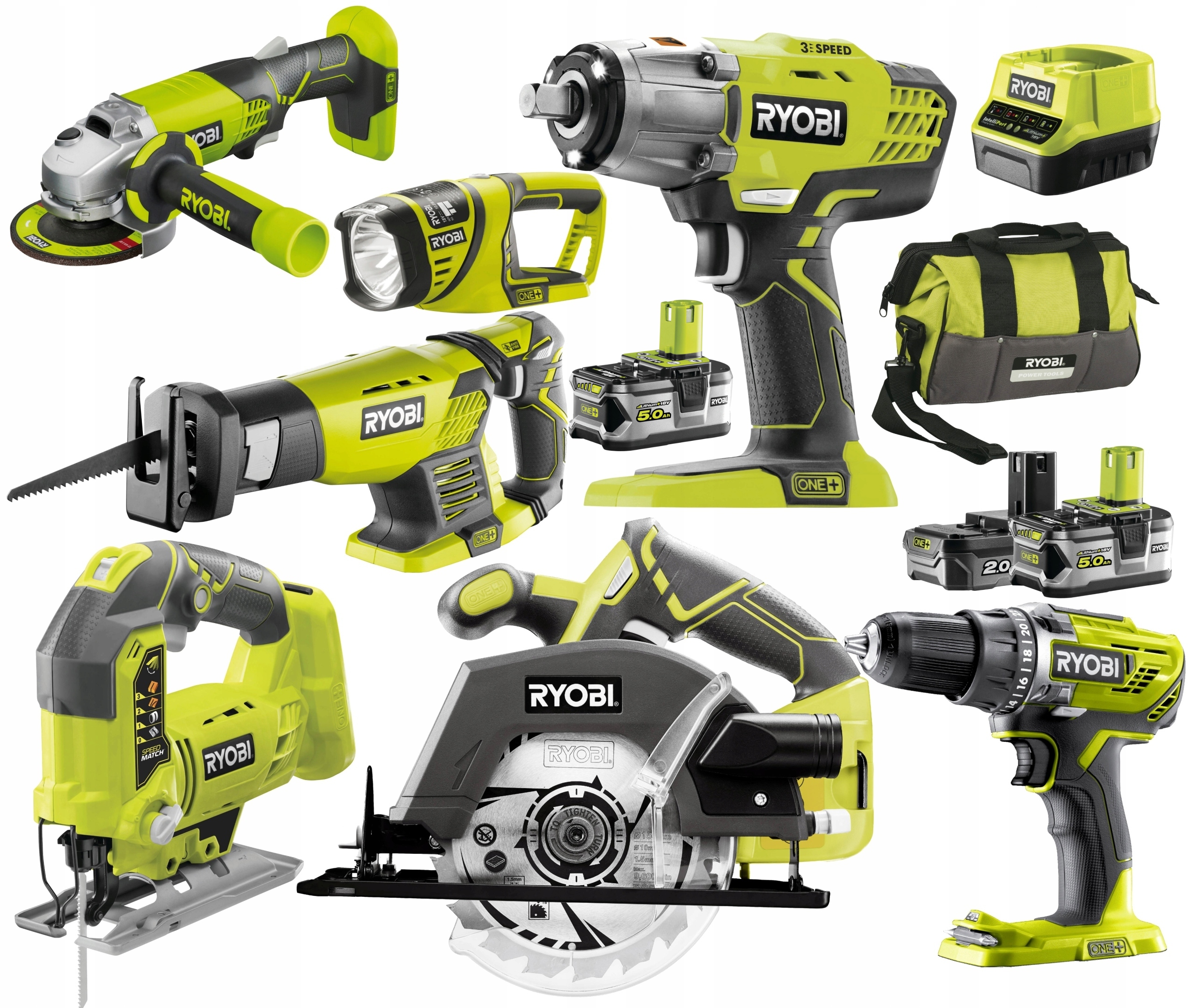 RYOBI ZESTAW COMBO 7 NARZĘDZI 18V 3xBATERIA +torba
