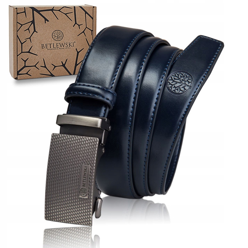 Betlewski Pásek Pánská přírodní kůže Automat Spona Tmavě modrá Krabička