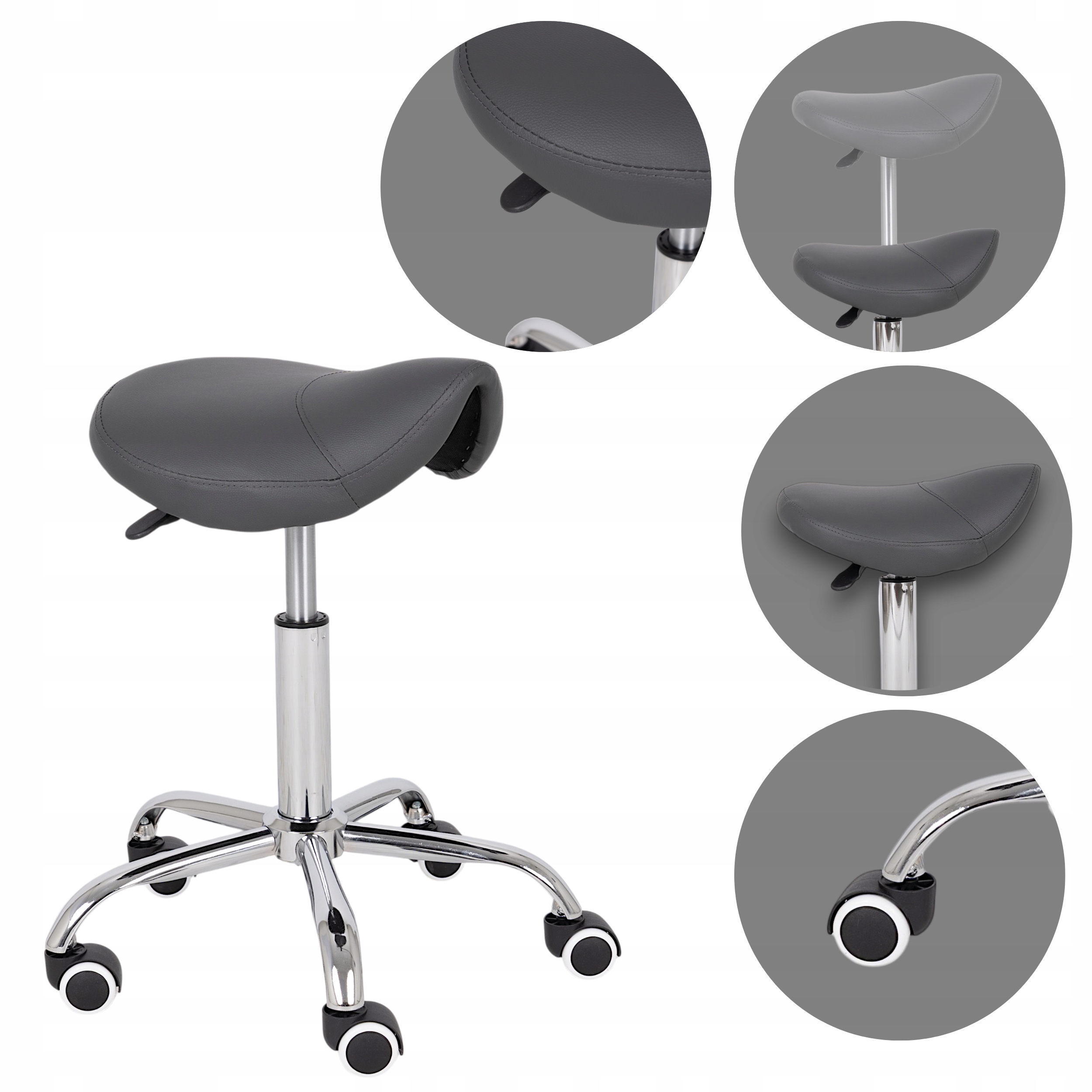 Taboret Kosmetyczny Fryzjerski Medyczny Szary Na Kółkach Siodło Obrotowy