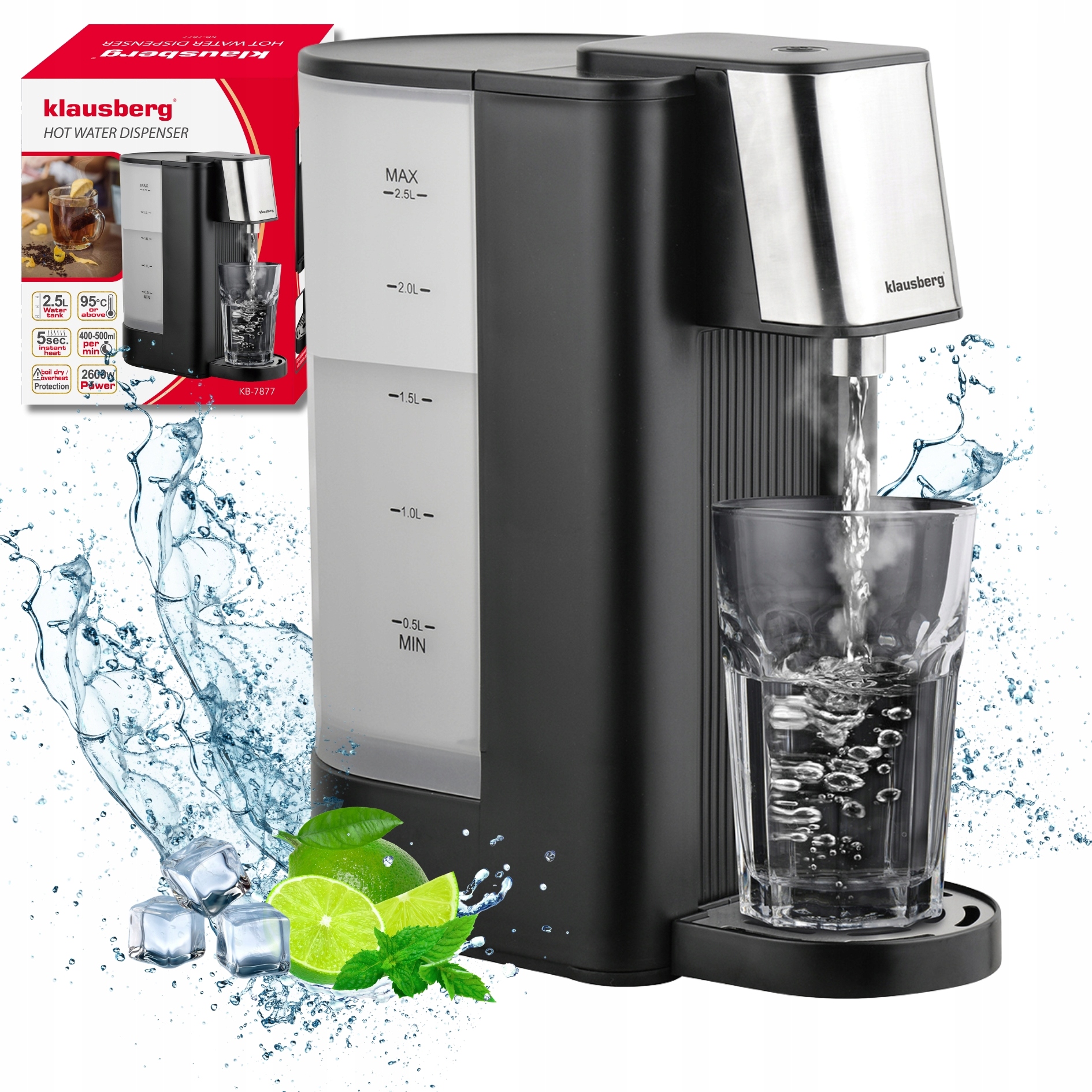 Distribútor vody Klausberg Kanvica Dávkovač 2,5L 2600W 95°C vriaca voda 5 sekúnd