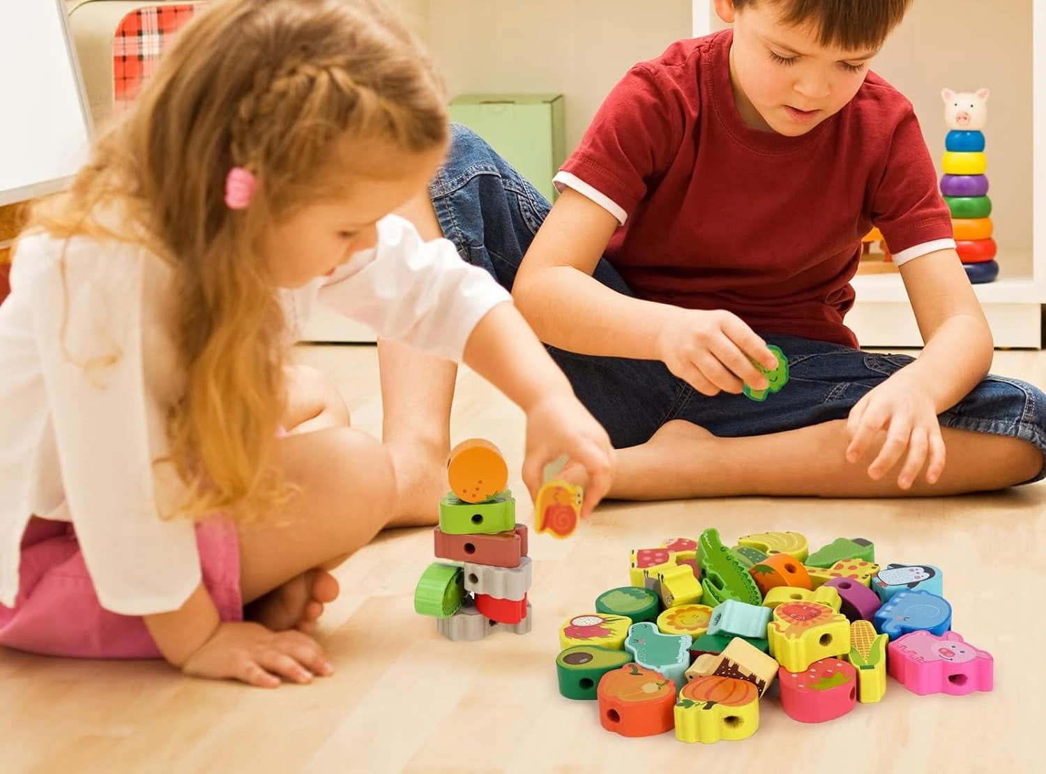 KORALIKI KLOCKI DREWNIANE DO NAWLEKANIA MONTESSORI EDUKACYJNE DUŻY ZESTAW Kod producenta 5906358109066