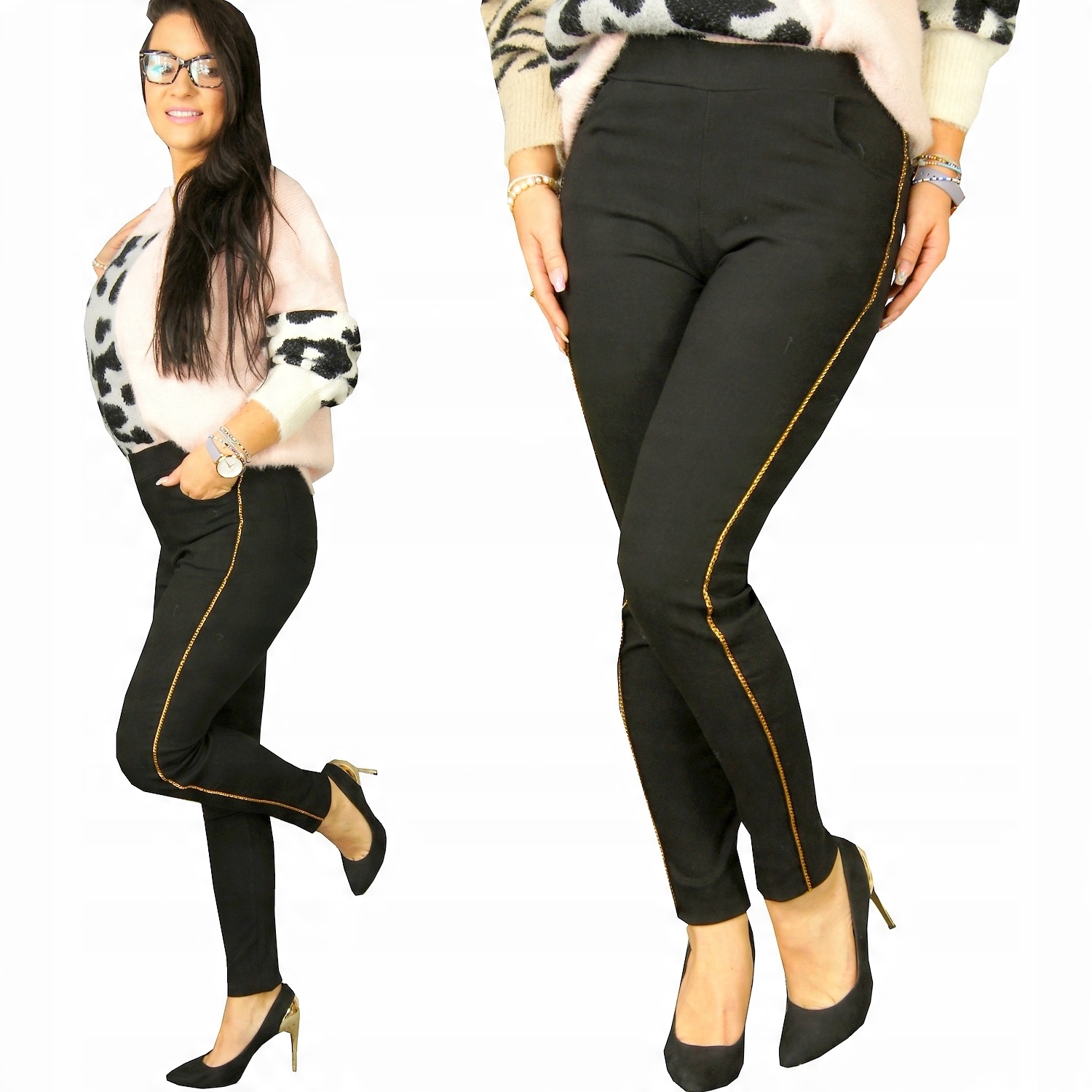 

Spodnie Jeans Leginsy z Lampasem złoty Chain, S/m
