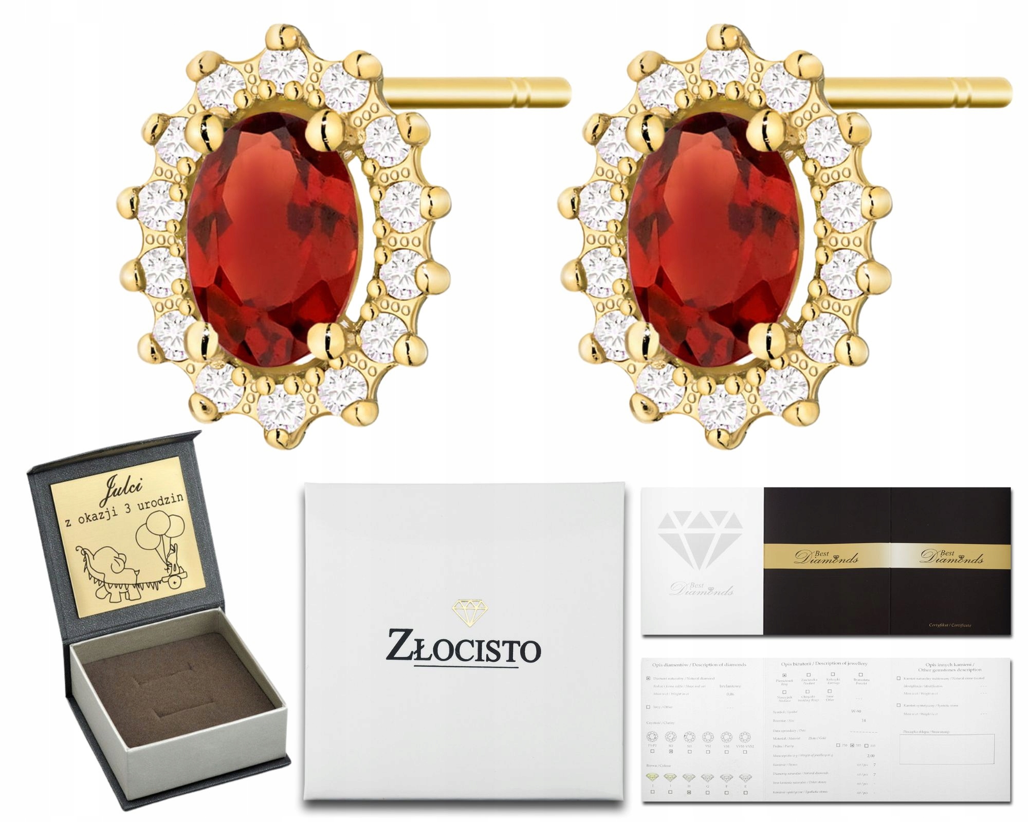 Zlaté Náušnice Granátové Brilianty Na Tyči Zlato 585 14K Jako Dárek