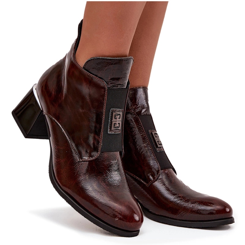 Dámské Kotníkové Boty Lakované Podpatky Klocek Kůže Zazoo 60560 Tmavě Hnědé 40