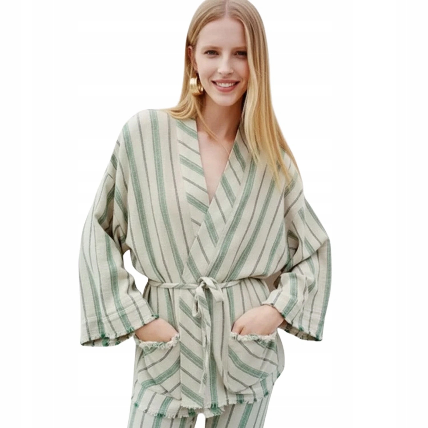 Dámský přehoz Zara kimono béžové se zelenými pruhy a zavazováním vel. Xs