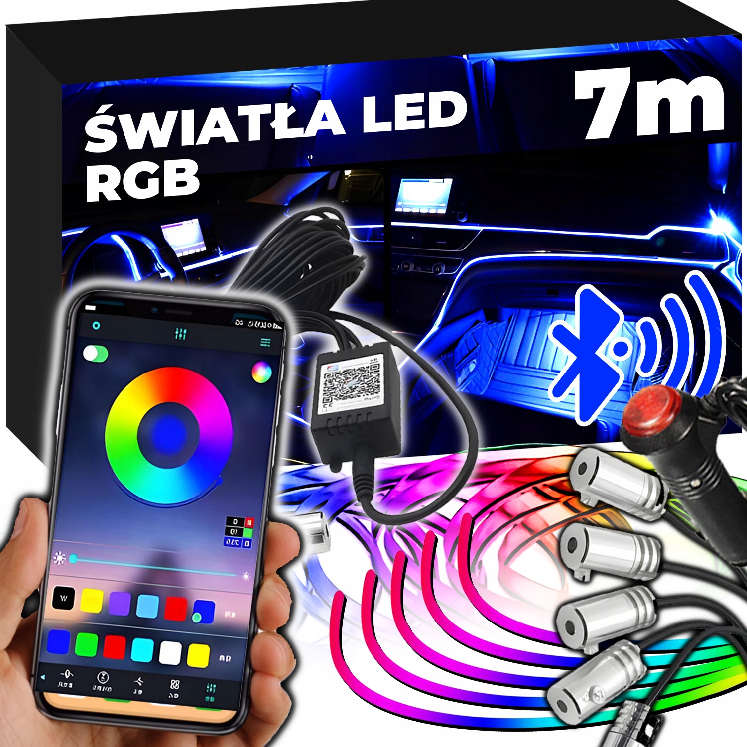 Światłowód do Samochodu Auta Oświetlenie TAŚMA LED RGB 7m APKA+PILOT ZESTAW