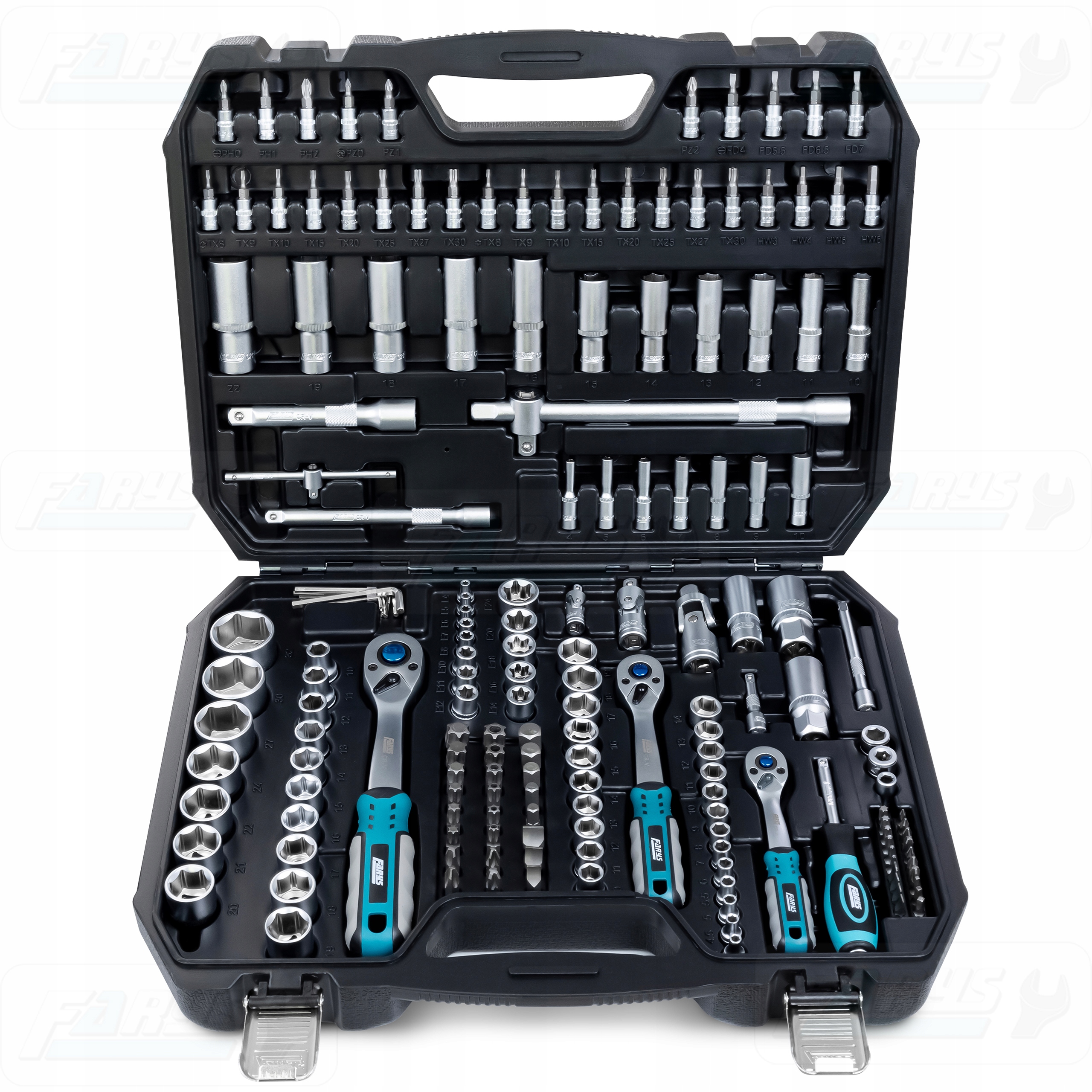 Sada nástrčných klíčů 1/2 1/4 3/8 Ráčnové nástavce Bity 171 ks Farys