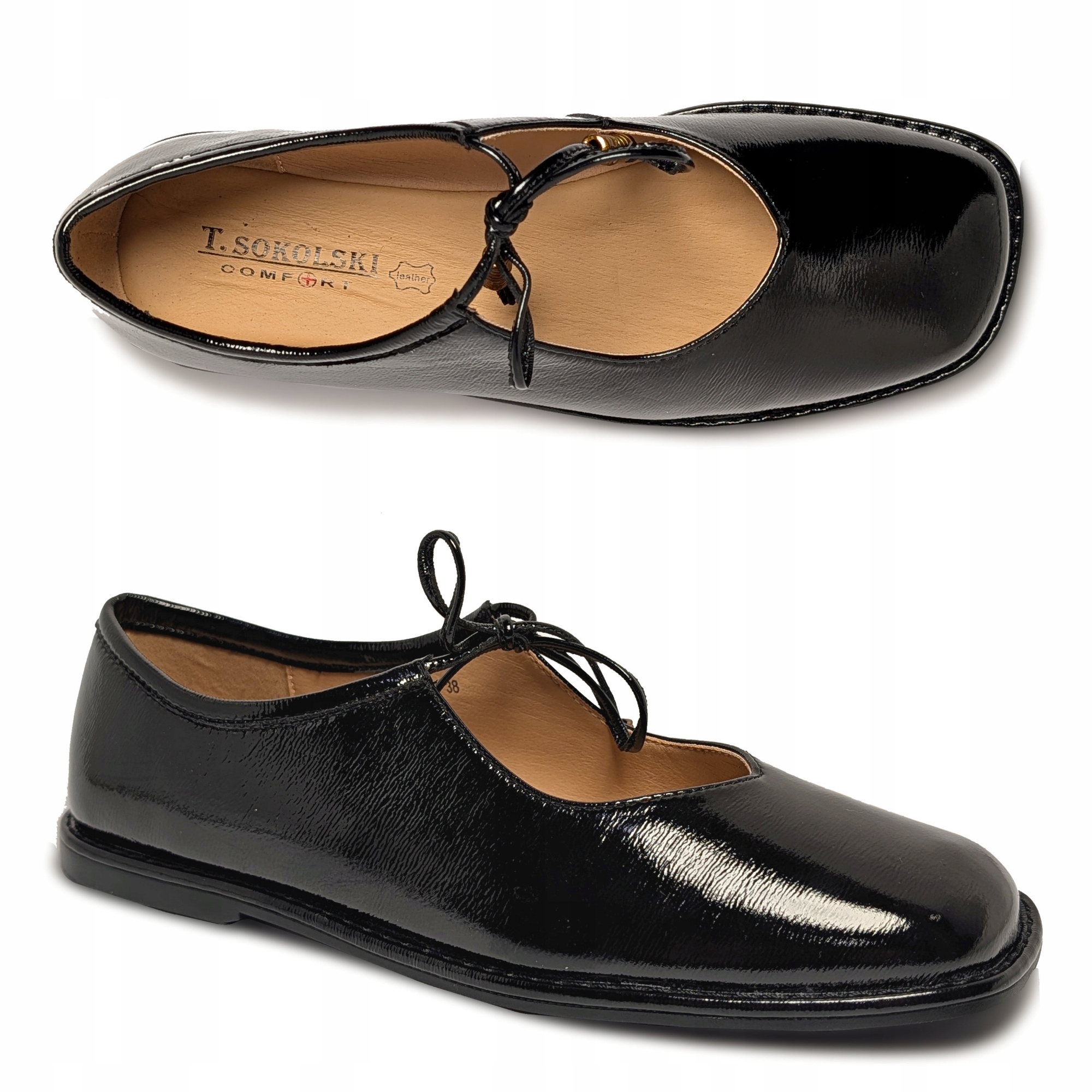 Modowe balerinki z sznurówką czarne lakierki Sokolski skóra naturalna r39