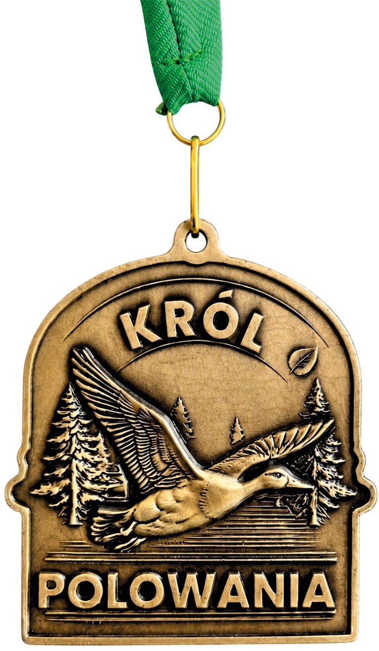 Medal Myśliwski Król Polowania Kaczka odlew złoty 68x76mm opis wstążka