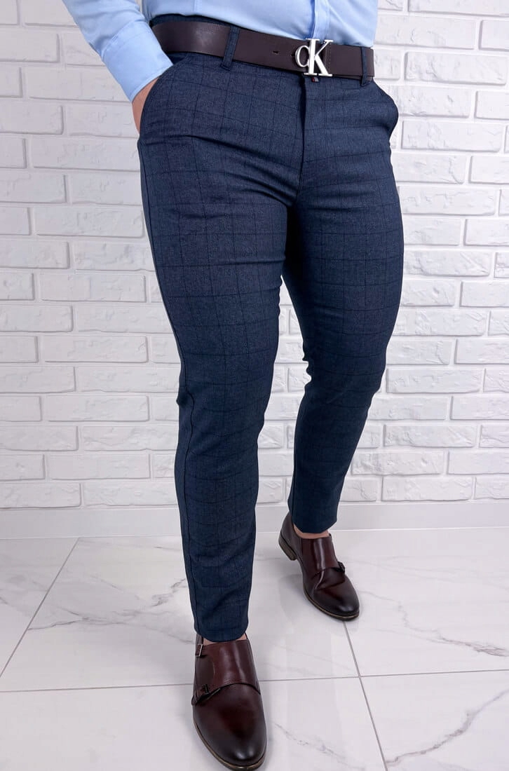Granatowe spodnie w krate meskie slim fit Diego 36 Rozmiar 36