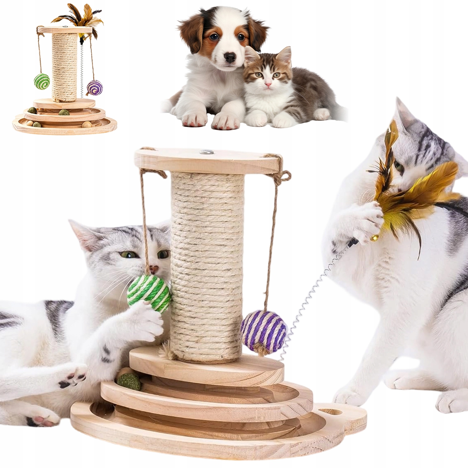 Levně Hračka Pro Kočky Škrabadlo Pro Kočky 3 Vrstvy Bezpečné S Peřím 10 Míčků