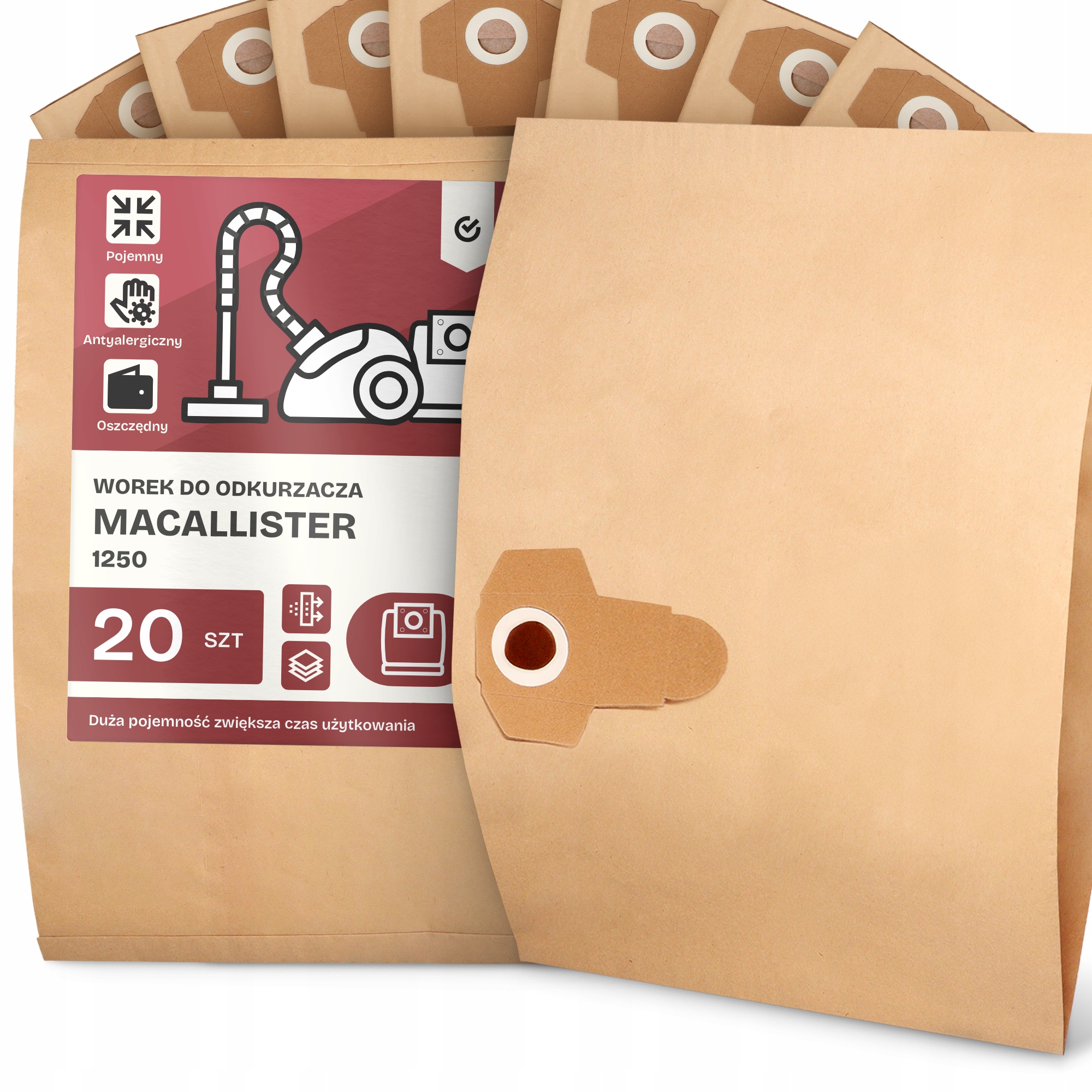 20 x Sáček Pro Vysavač MacAllister 1250 Papírový 2-vrstvový Sáček Sáčky 2A