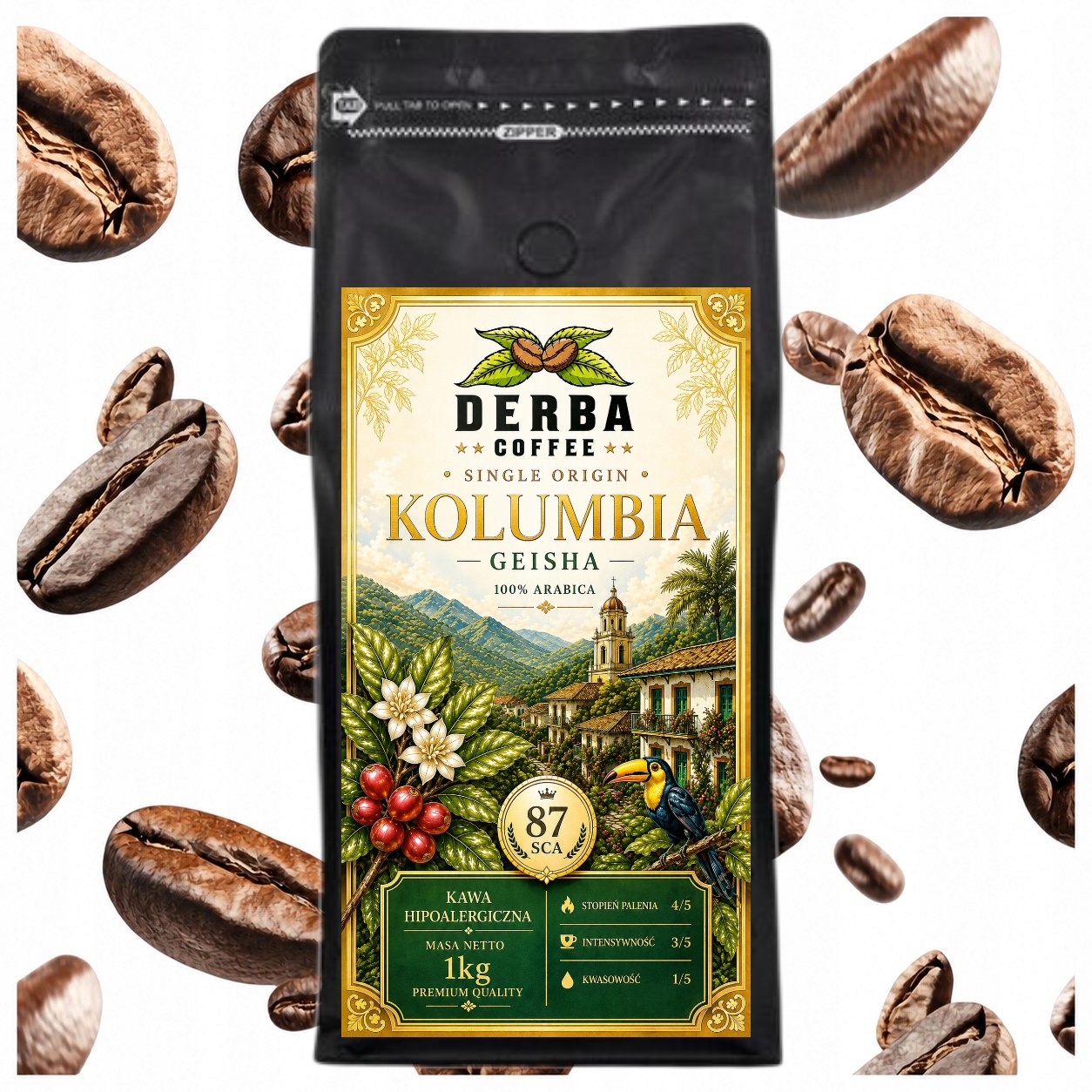 Kawa Kolumbia Niskodrażniąca 1kg ziarnista 100% Arabika Specialty Geisha
