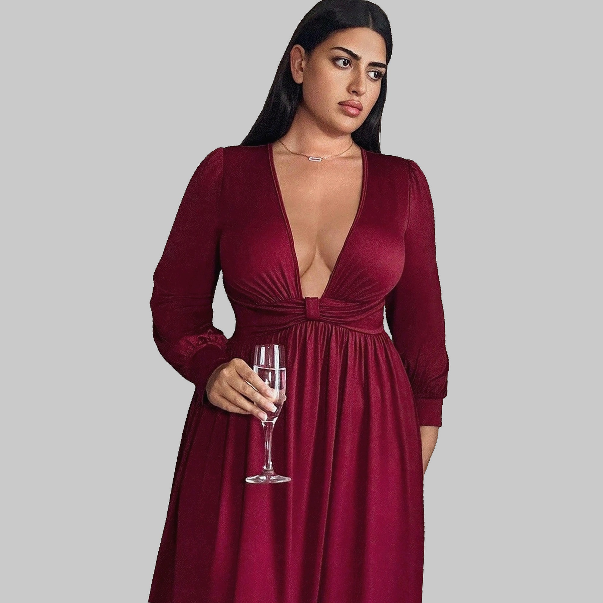 Šaty Burgundská Maxi s hlubokým výstřihem Glamour XL 42